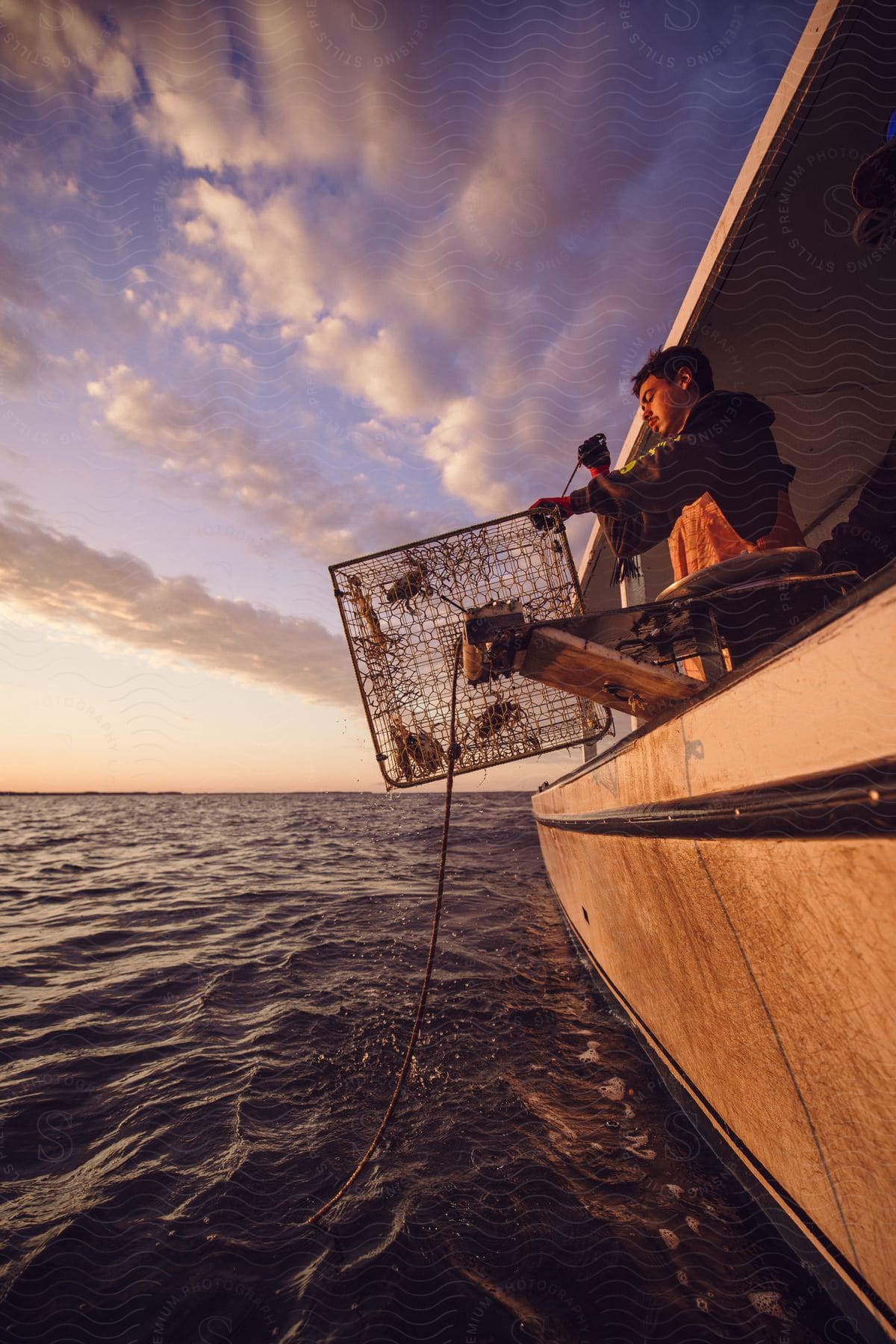 A fisherman lifting up a crab trap.