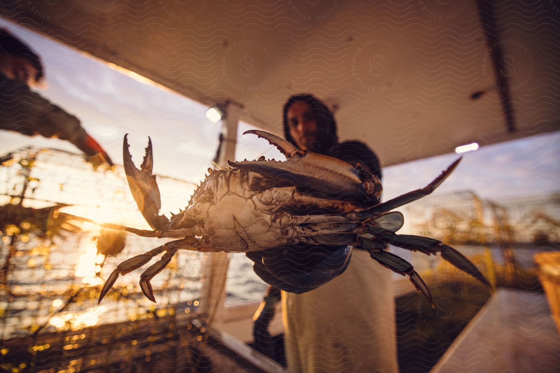 Fisherman on the boat holding a crab.