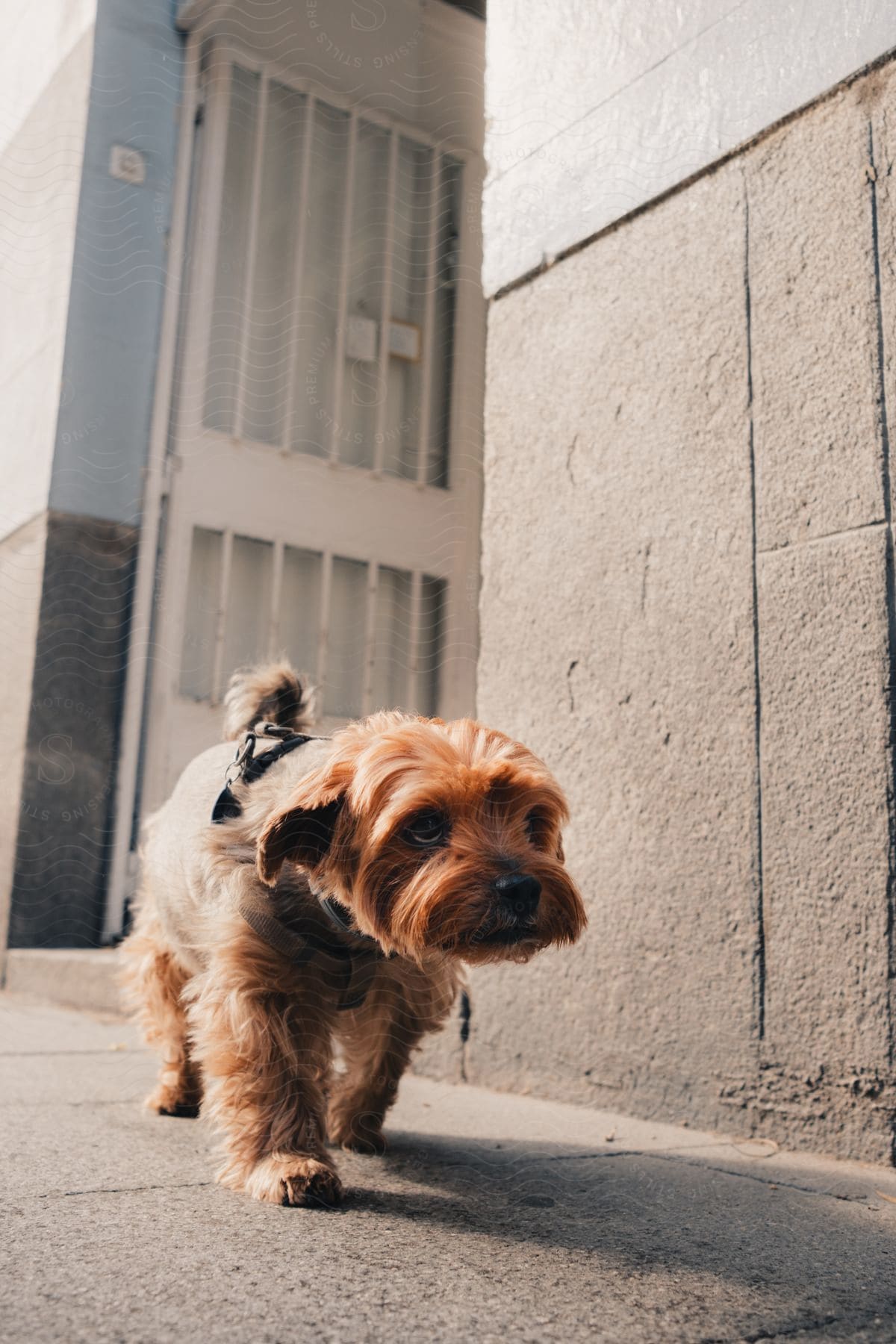 Portrait of a Yorkshire terrier walking on the street.