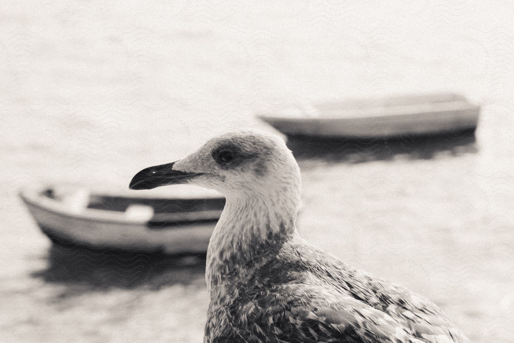 a sea gull beside a river with canoes on it