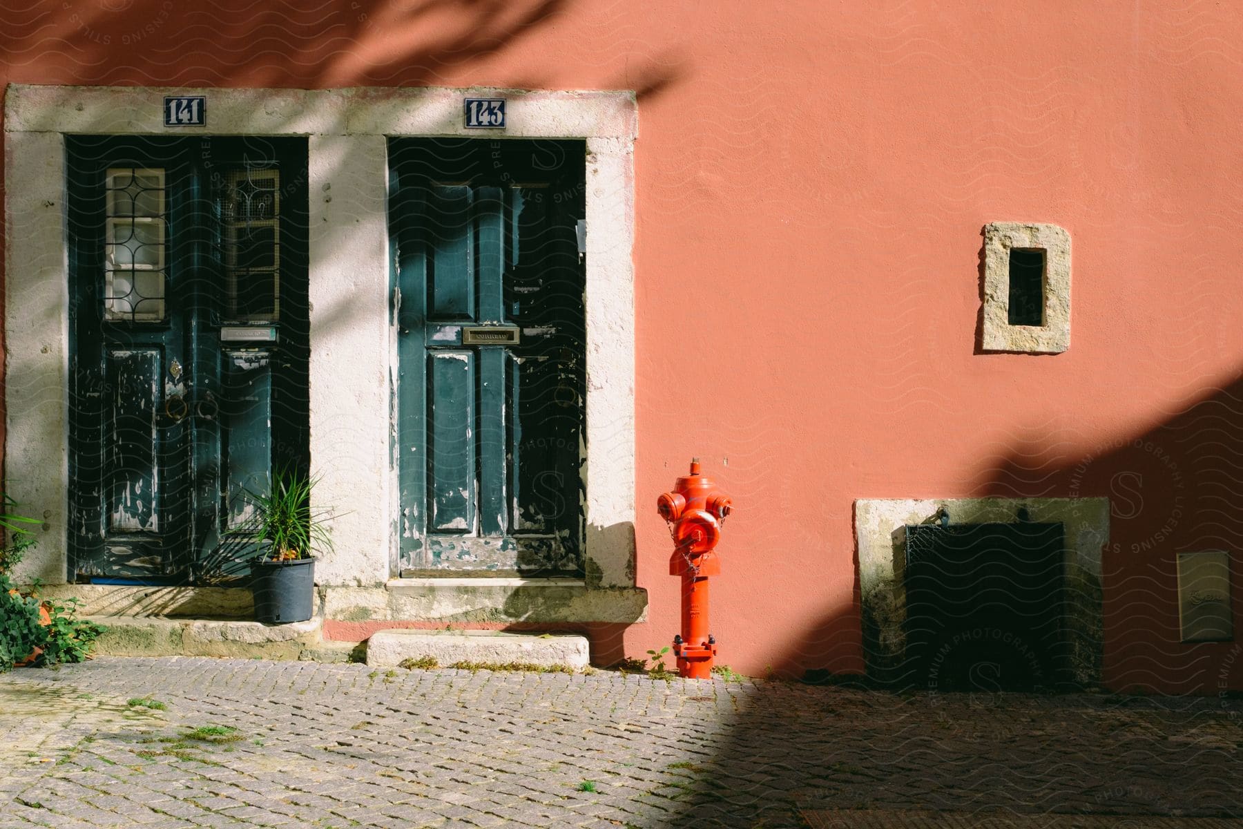 Two doors of a house with a red fire hydrant next to them.