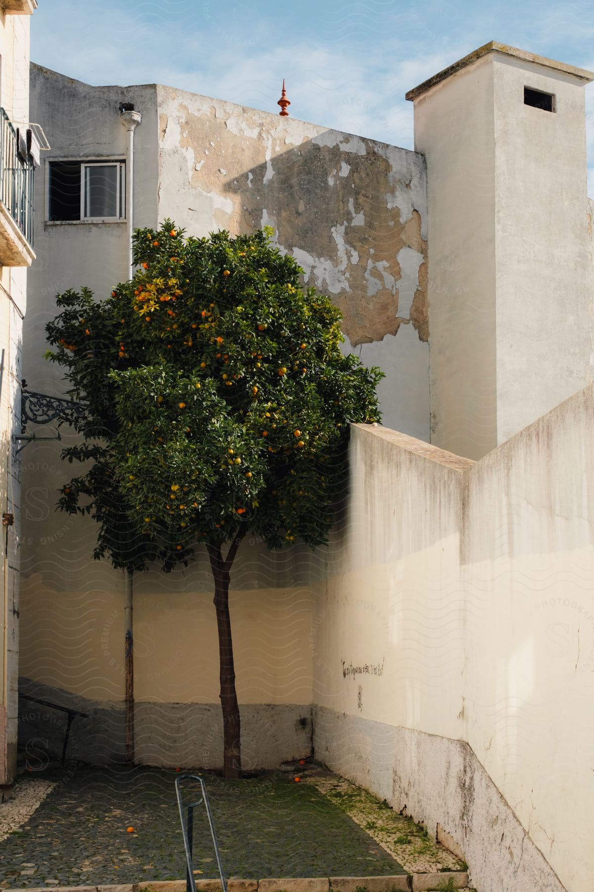 A fruit tree sitting on a sidewalk in a city.
