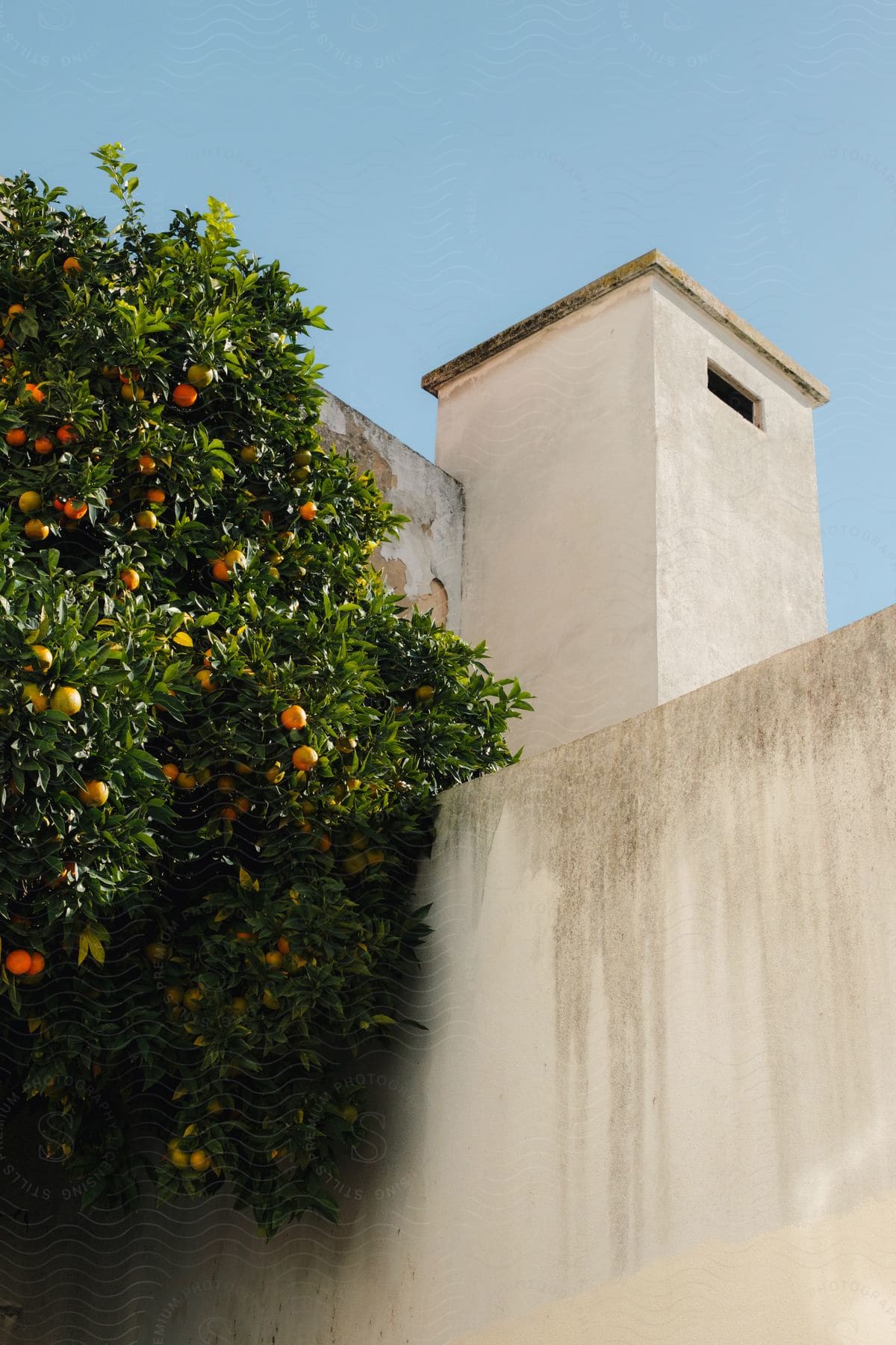 A view of a tower and a tree next to it in a city.