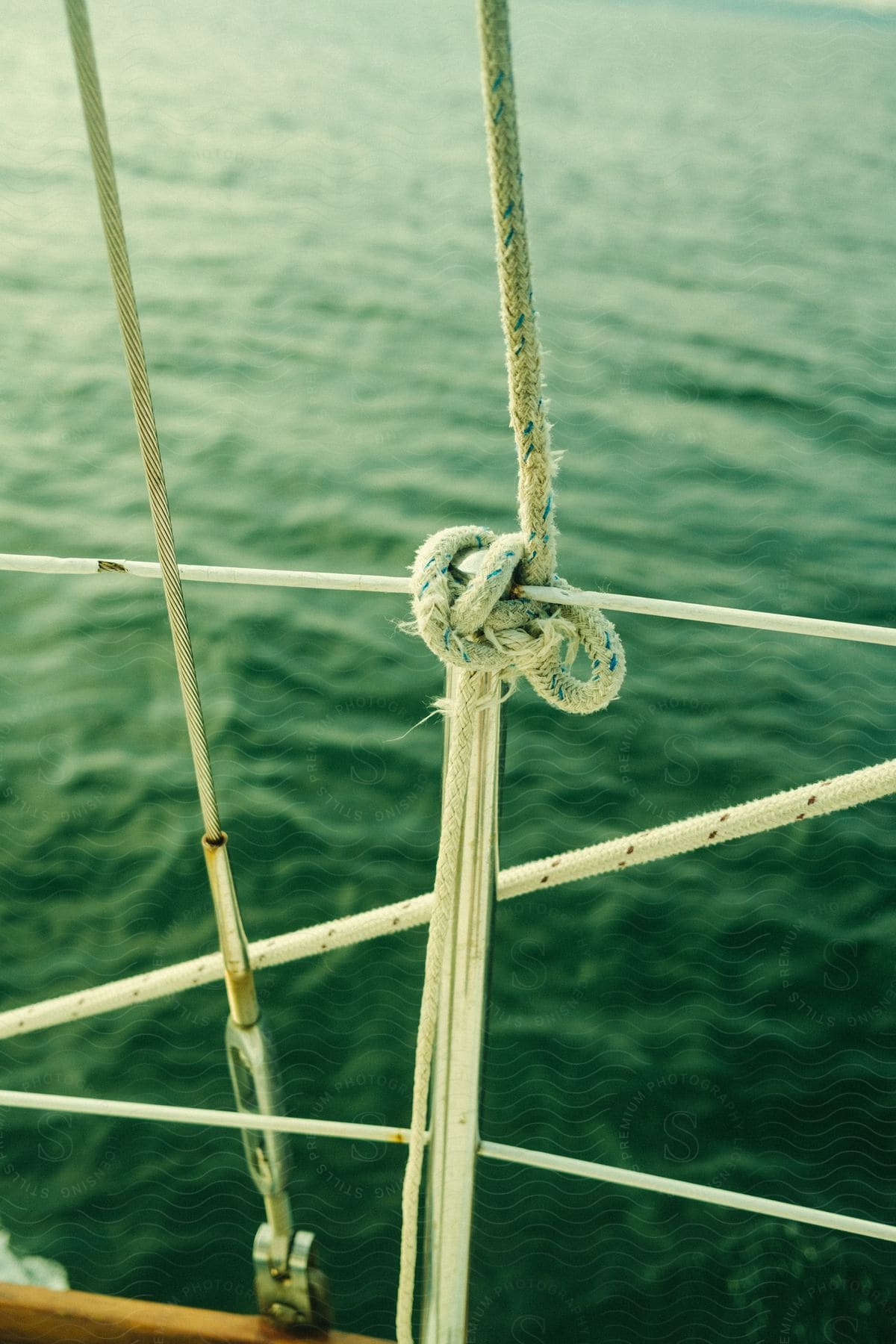 A knot tied on a boat that is sailing outdoors.