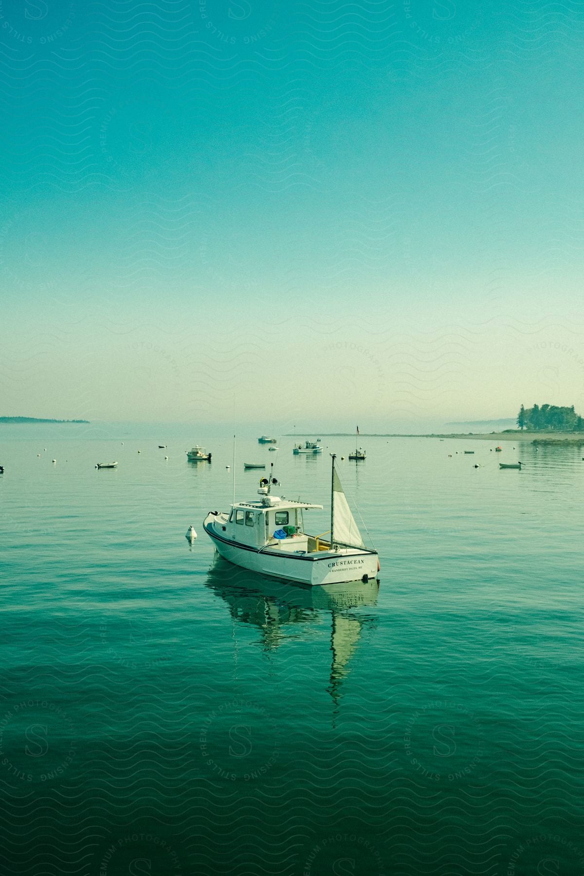 Panorama of boats in the blue sea.