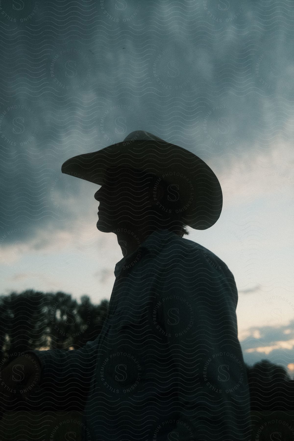 a man wearing a cowboy hat in the evening