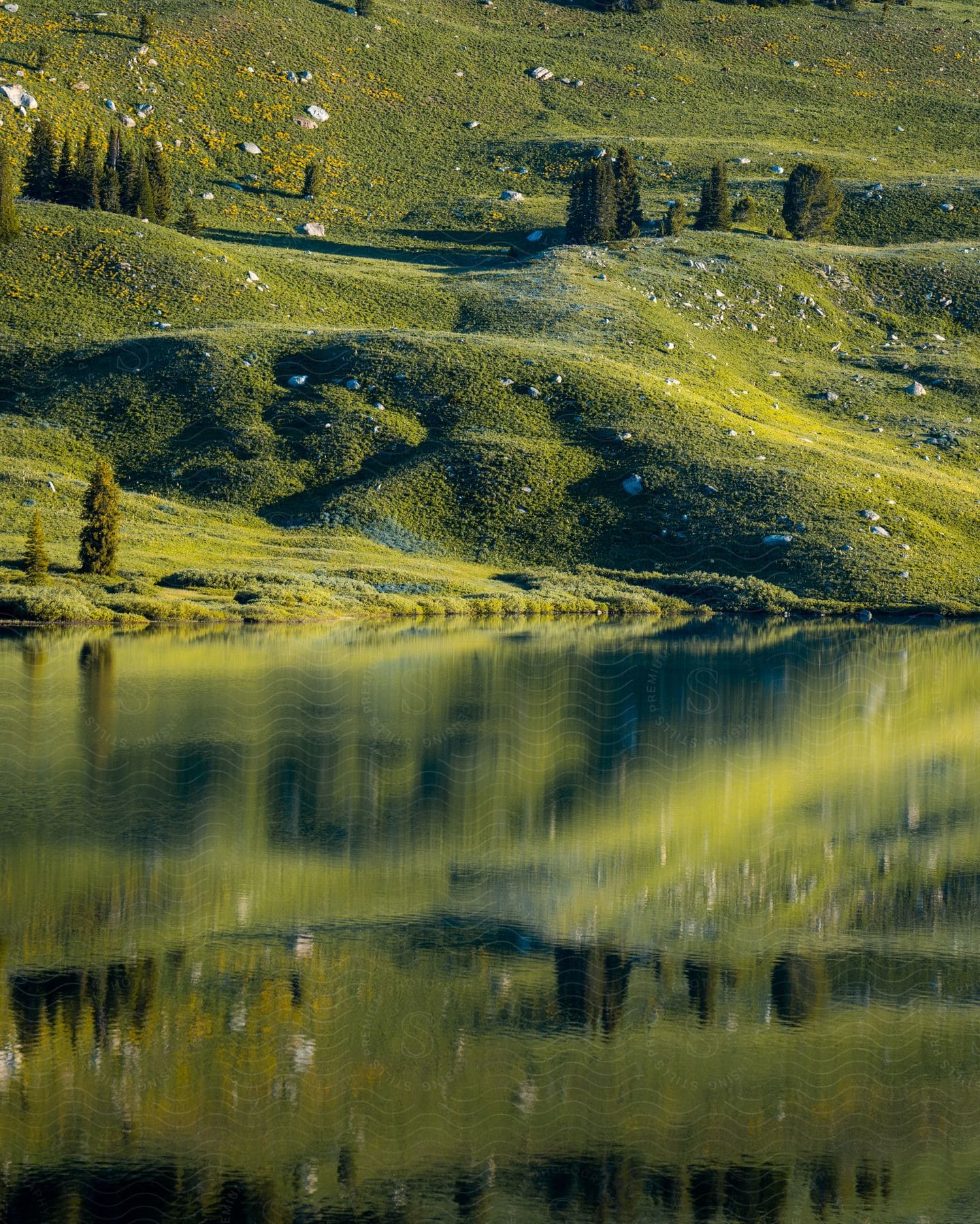 A lake reflecting a hill with very green grass.