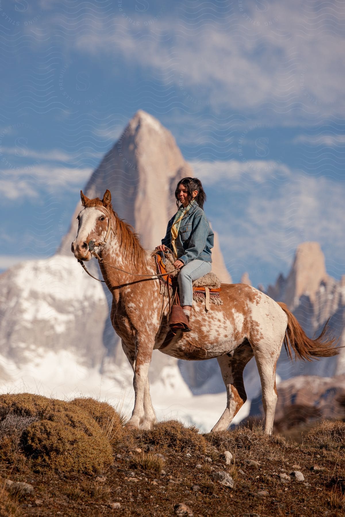 A Woman On A Horse With A Snowy Mountain Range In The Background