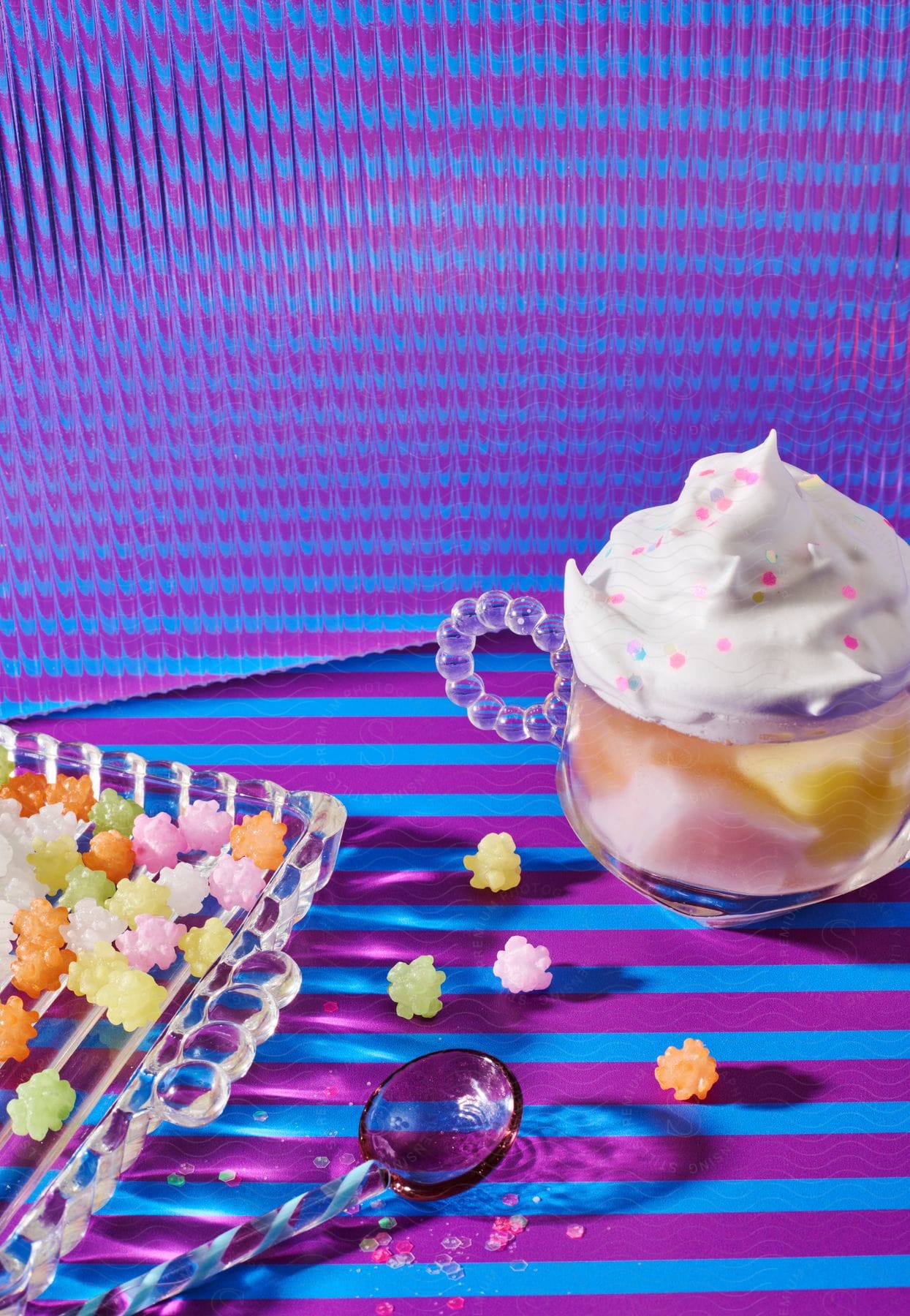 Presentation of a cup of hot cocoa with whipped cream, next to it a glass plate with sweet sprinkles.