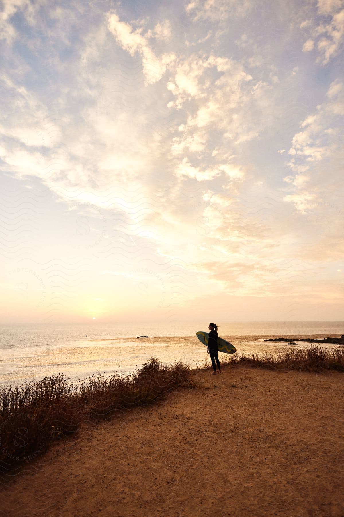 A surfer standing on a beach at dawn.