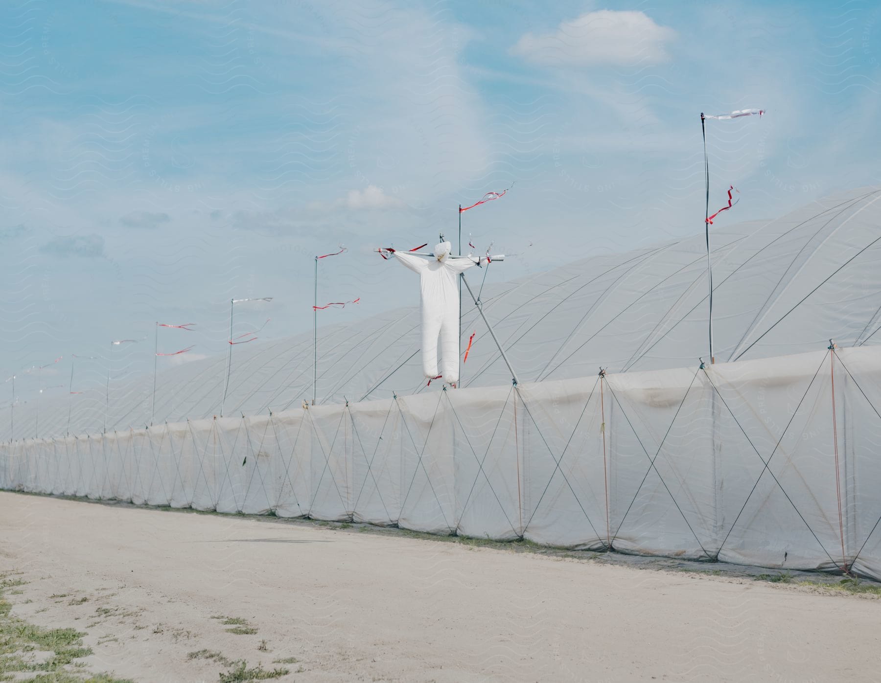 White-suited mannequin crucified on steel pipes above a white canopy building above a white gravel road.