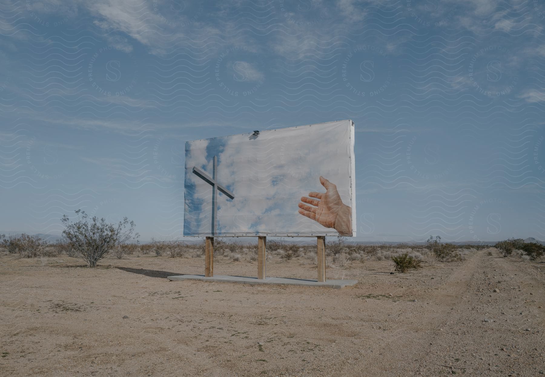 A billboard in the desert depicts a hand reaching out to a crucifix against a blue and white sky