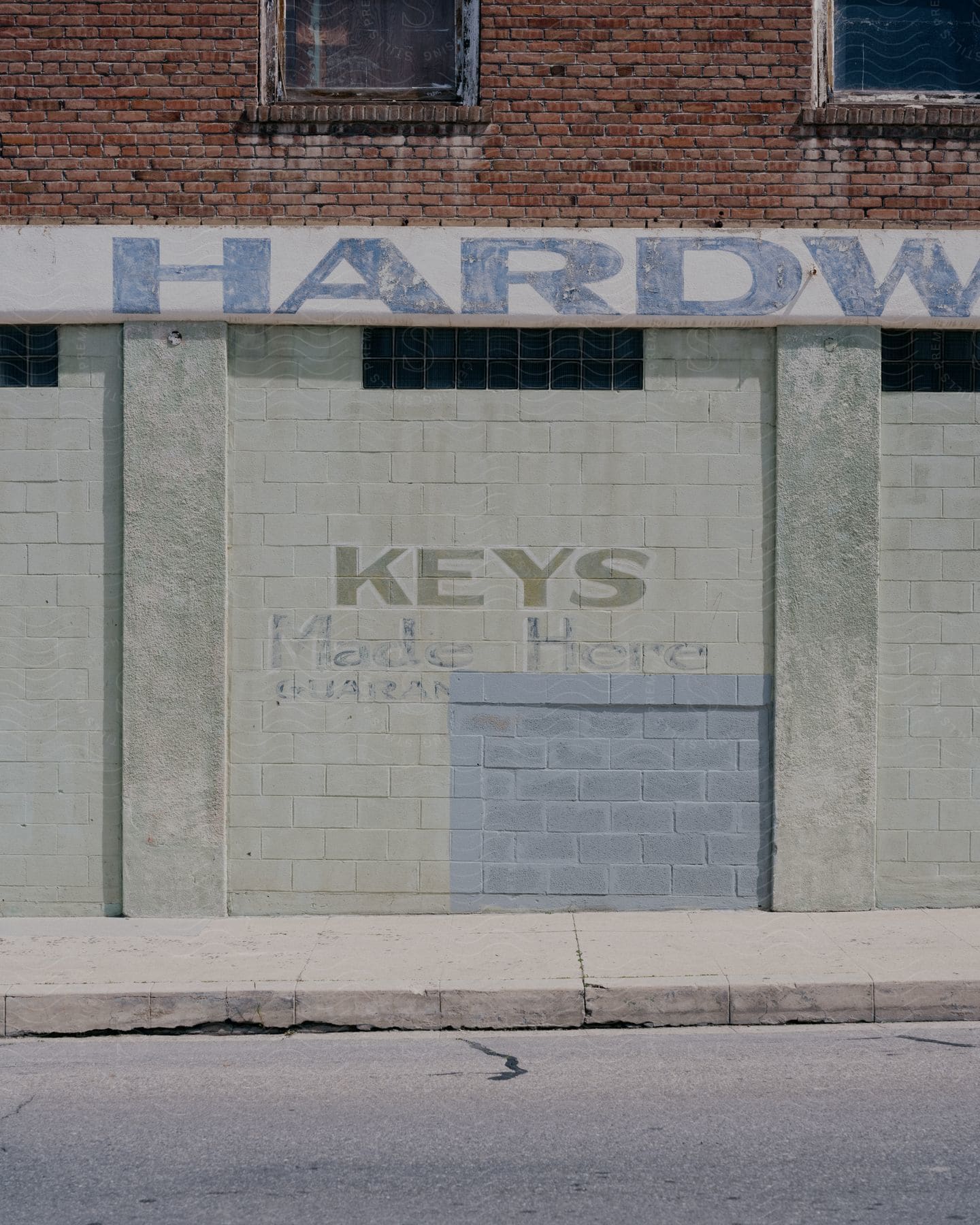 The stone wall of a hardware store displaying a sign that says "keys made here."