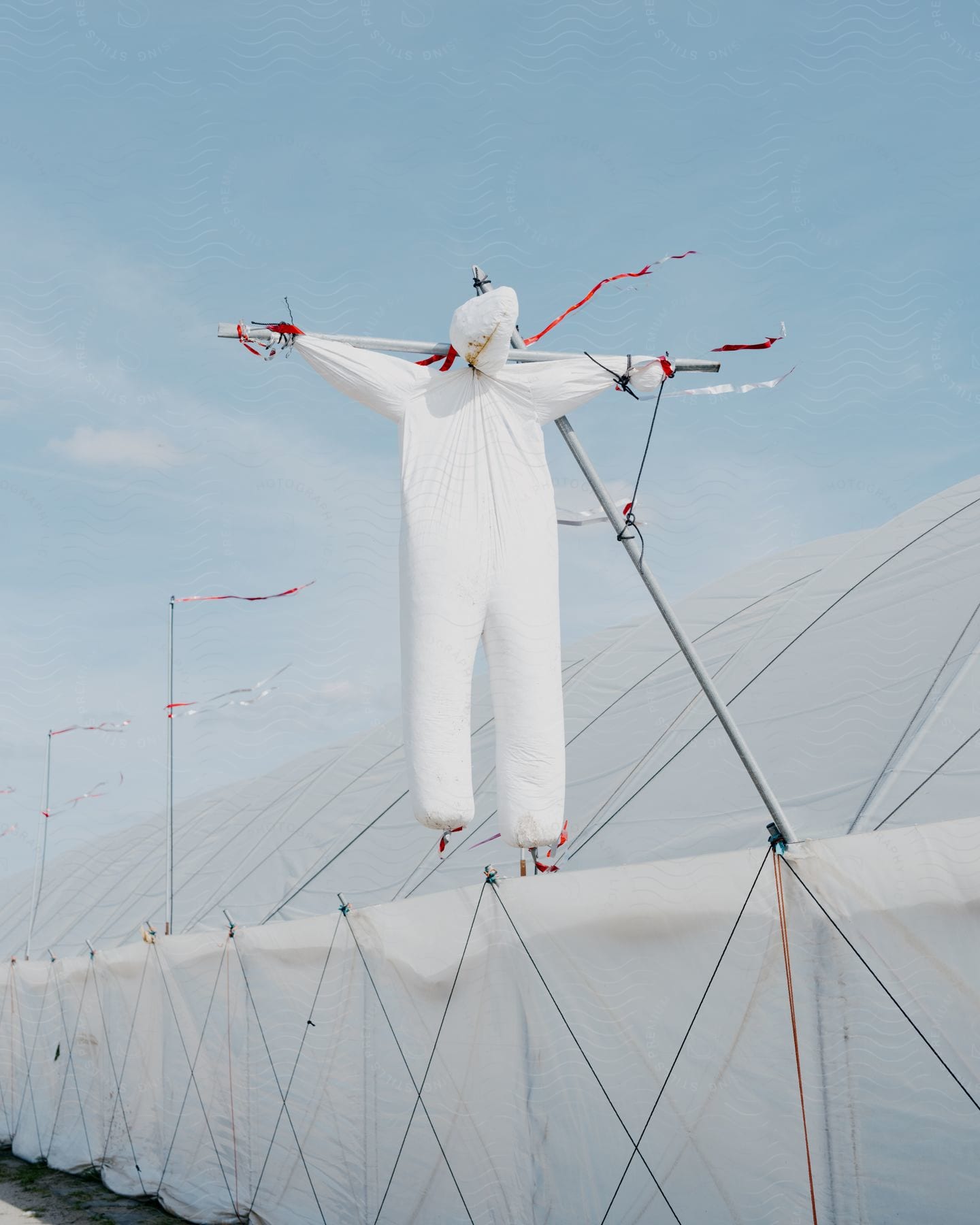 White-suited mannequin crucified on steel pipes above a white canopy building.