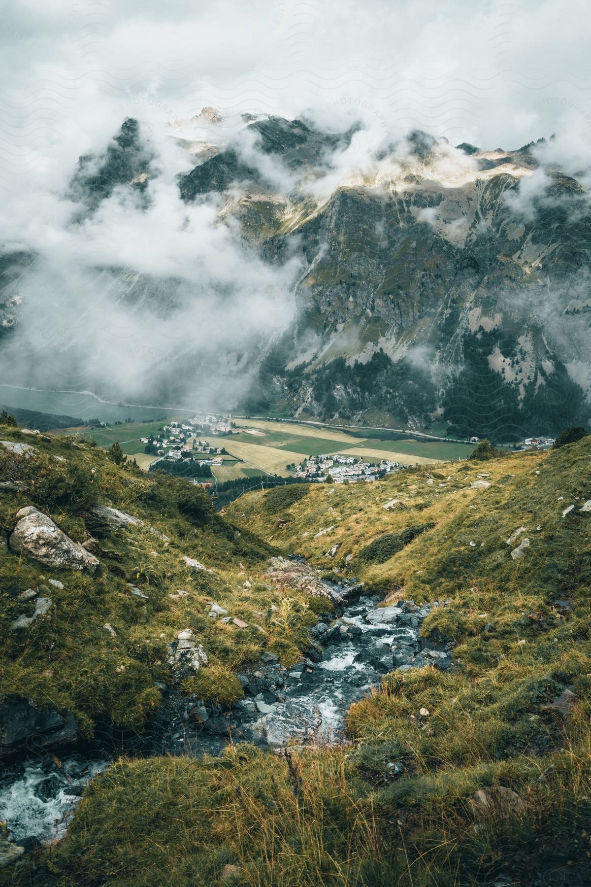 A crystal-clear stream meanders through a lush green mountain valley.