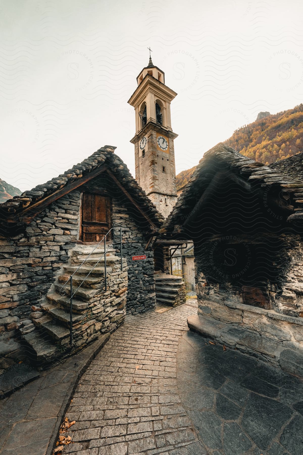 clock tower and rural stone buildings