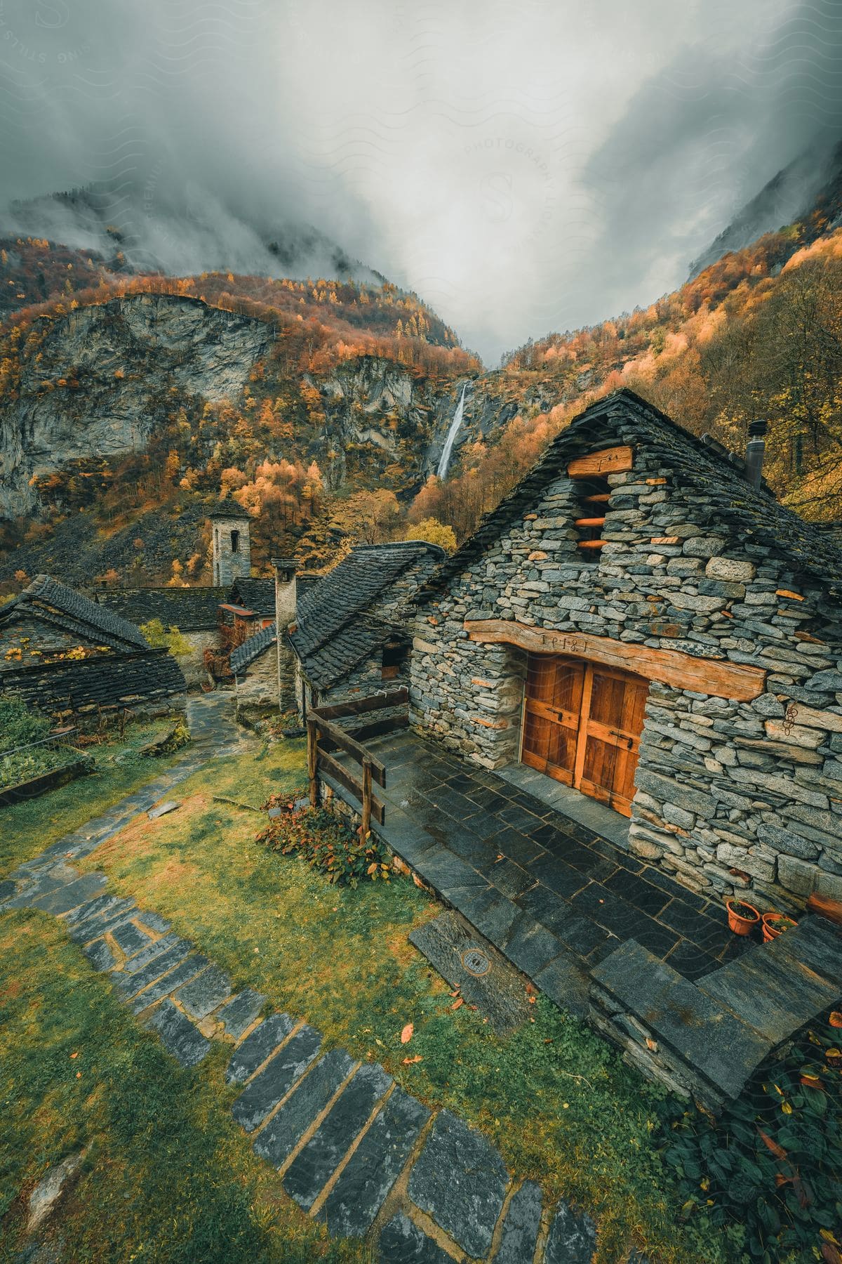 Houses made of stone in Foroglio, a village tucked away in the Bavona Valley, located in the Canton of Ticino, Switzerland.