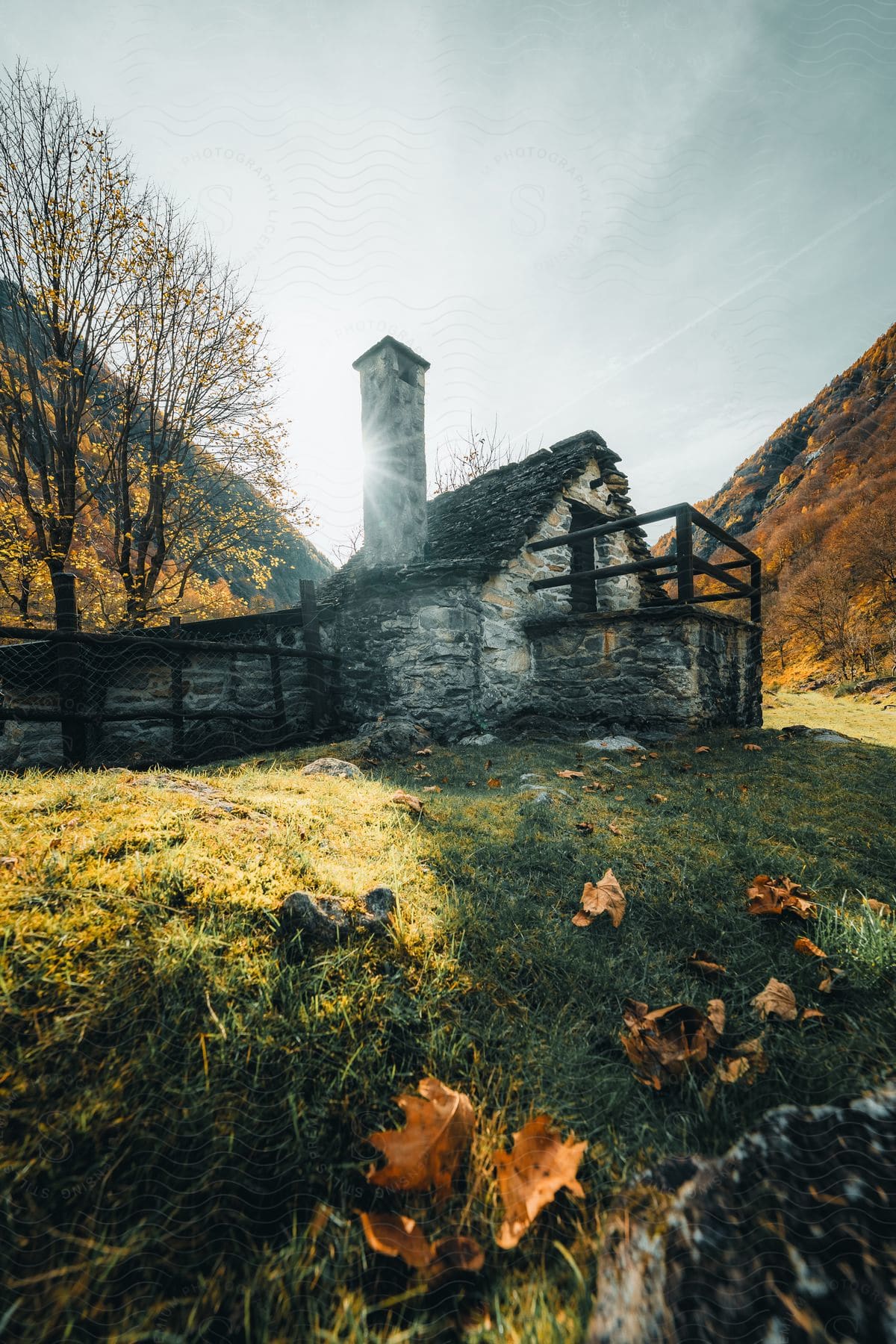 Stock photo of a stone house with a chimney in the middle of a field of leaves.