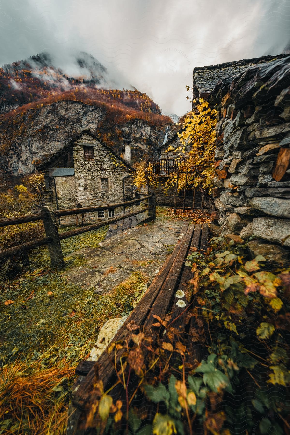 Houses in a small village at the foot of a mountain