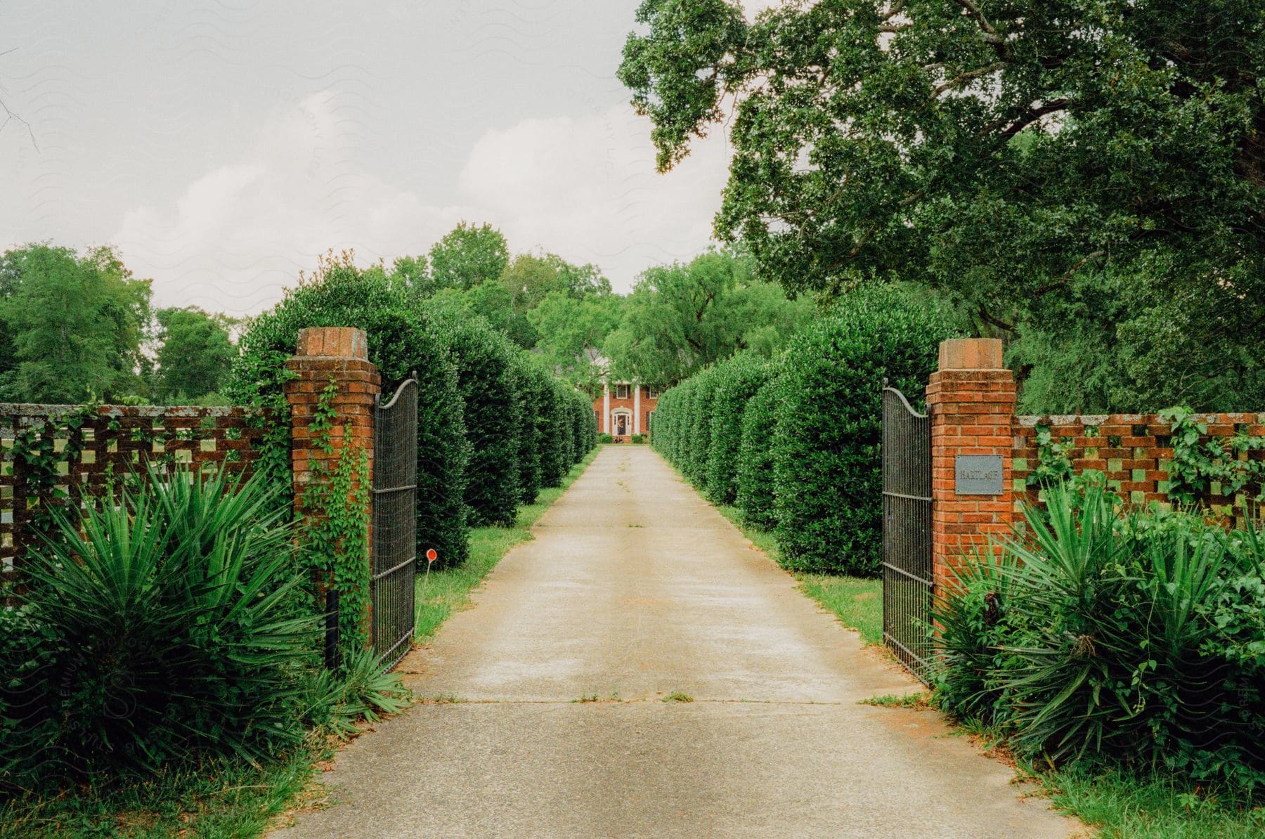 A mansion at the end of a long driveway lined with tall hedges inside a wall and gate