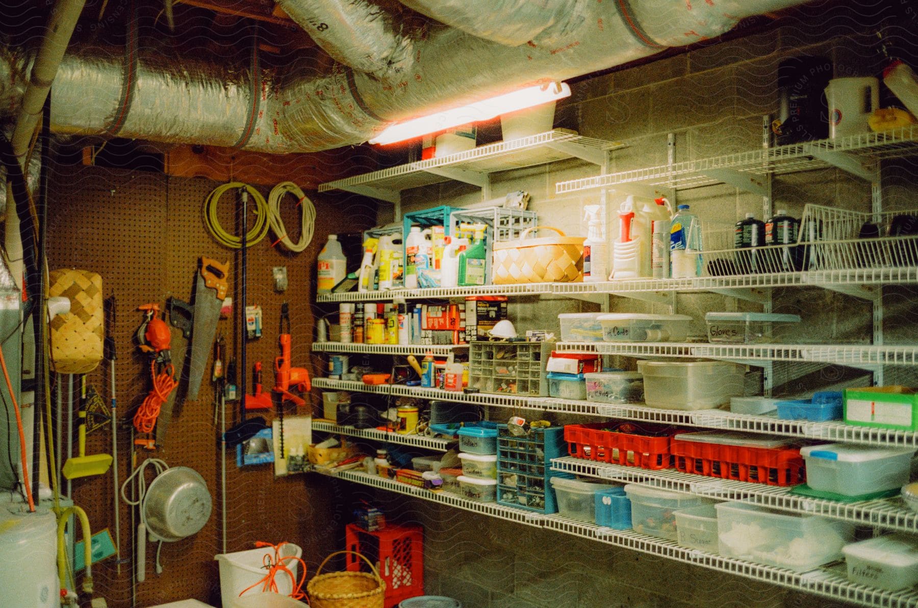 A room with a commercial shelf full of plastic products