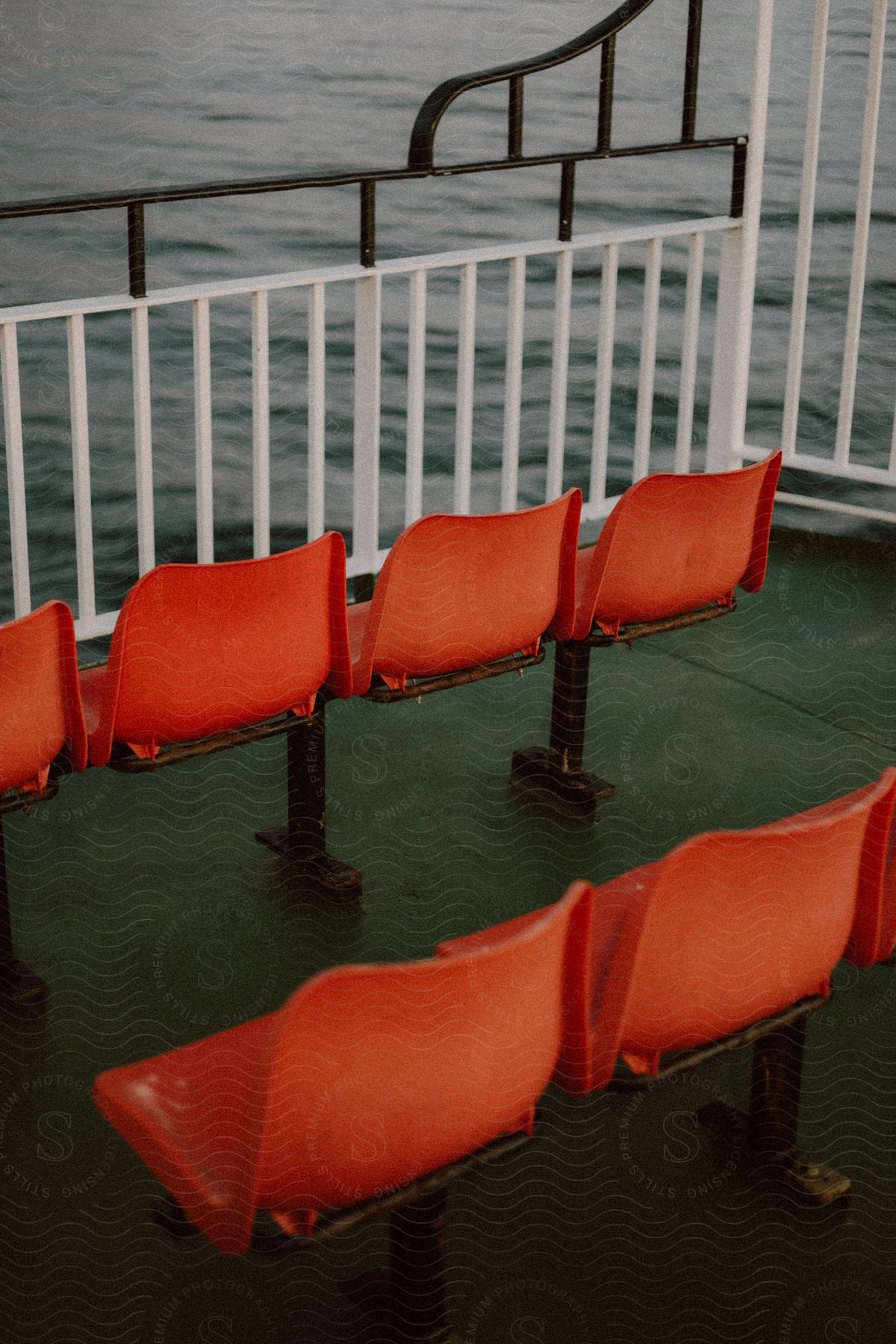 Two rows of red chairs facing the sea