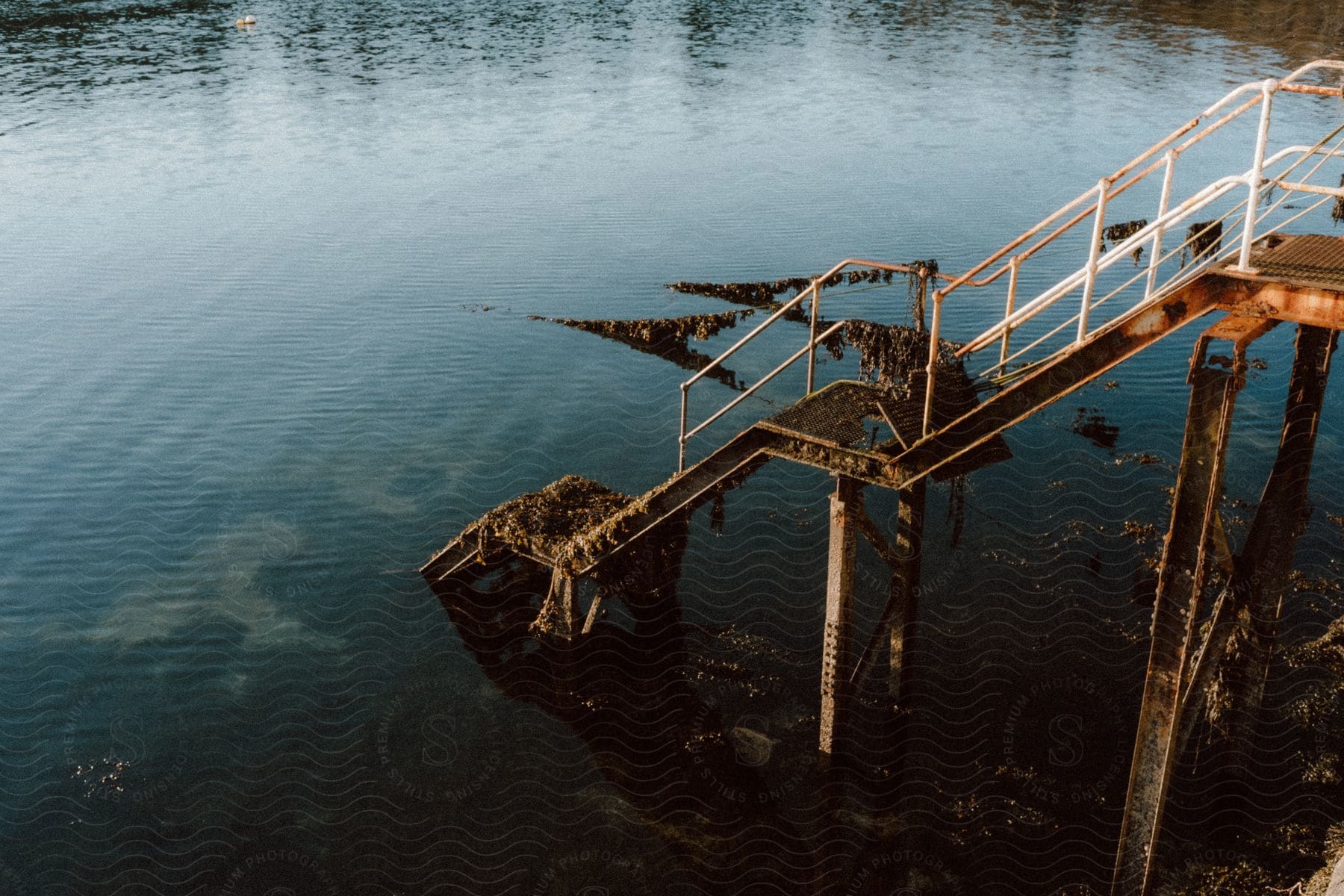 View of a rusty ladder with mud in the midst of a lake.