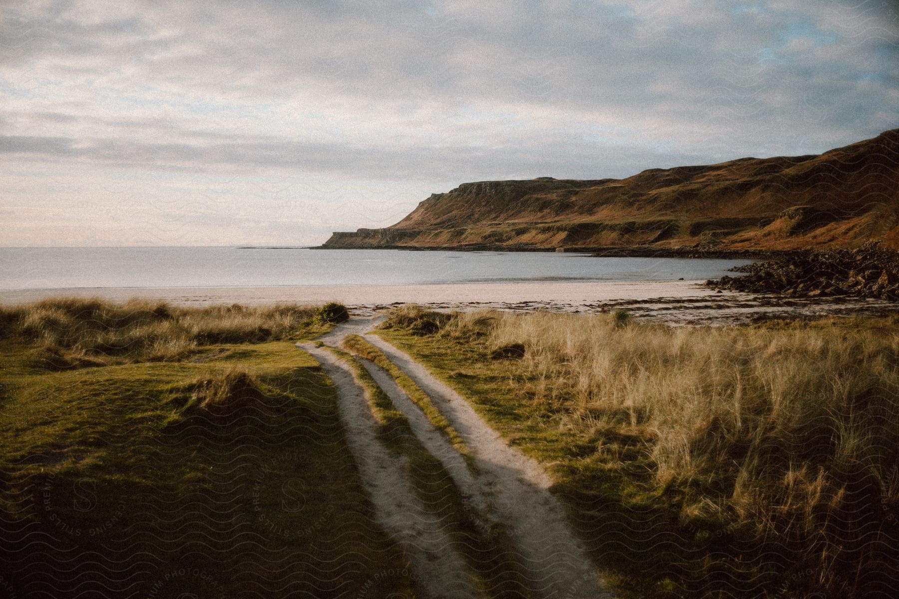 A path leads to a snow covered beach with mountains along the coast under a cloudy sky