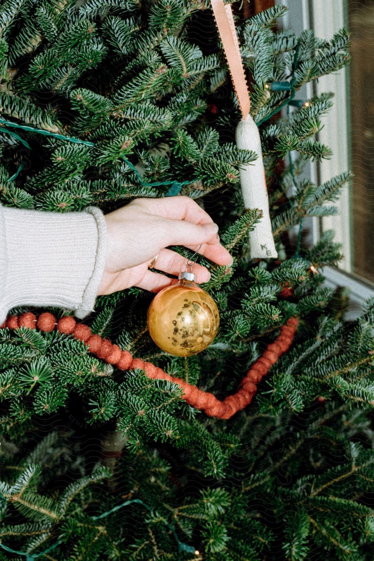 A person hangs a gold, glass ornament on a Christmas tree.