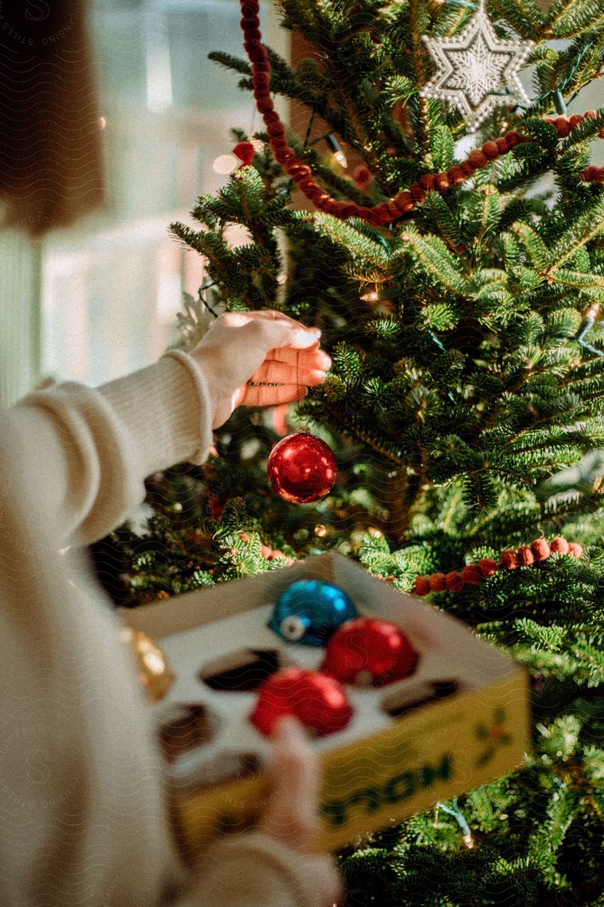 hand holds red christmas ornament in front of tree