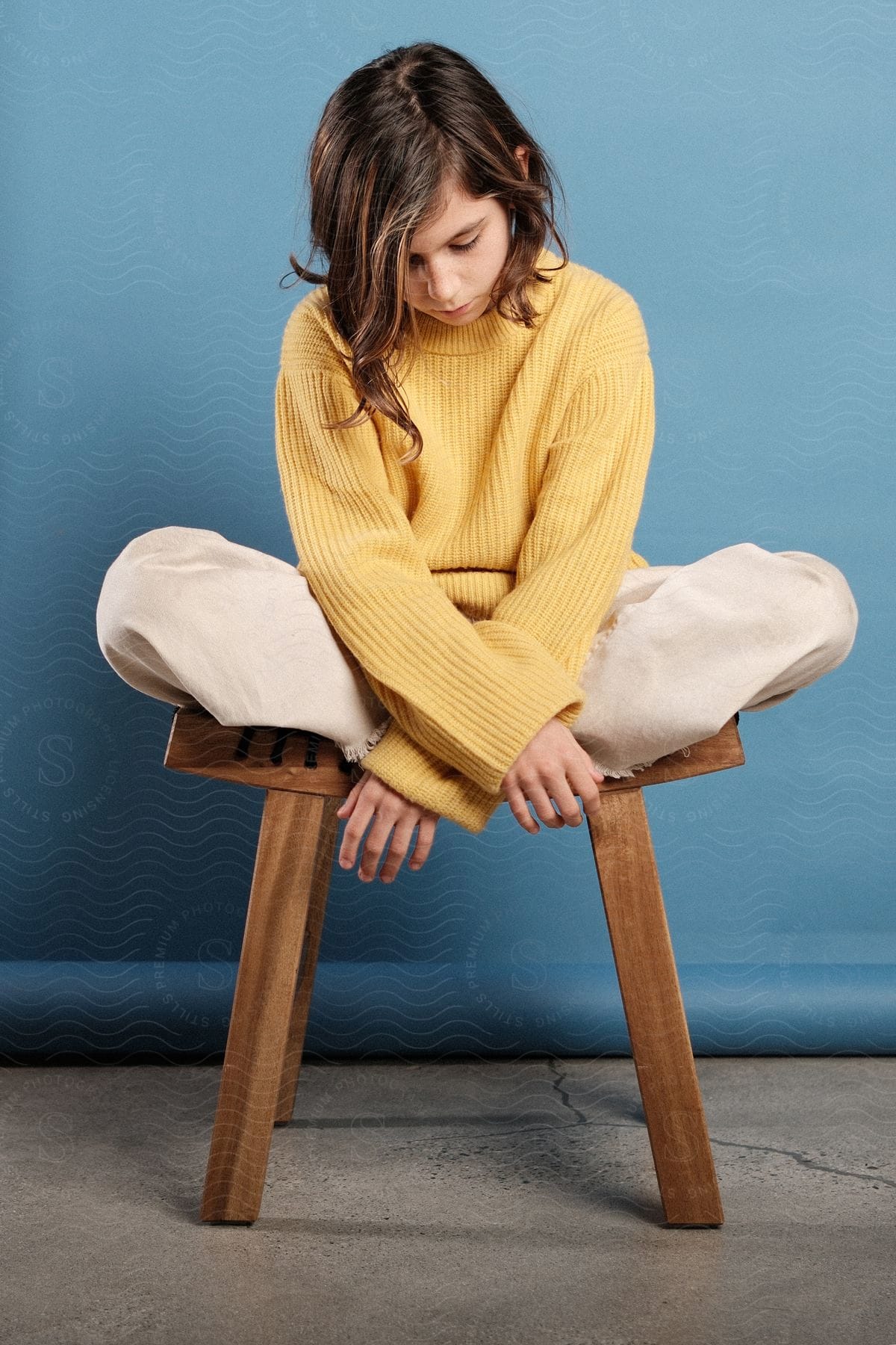 girl in yellow sweater sits and stool looking down