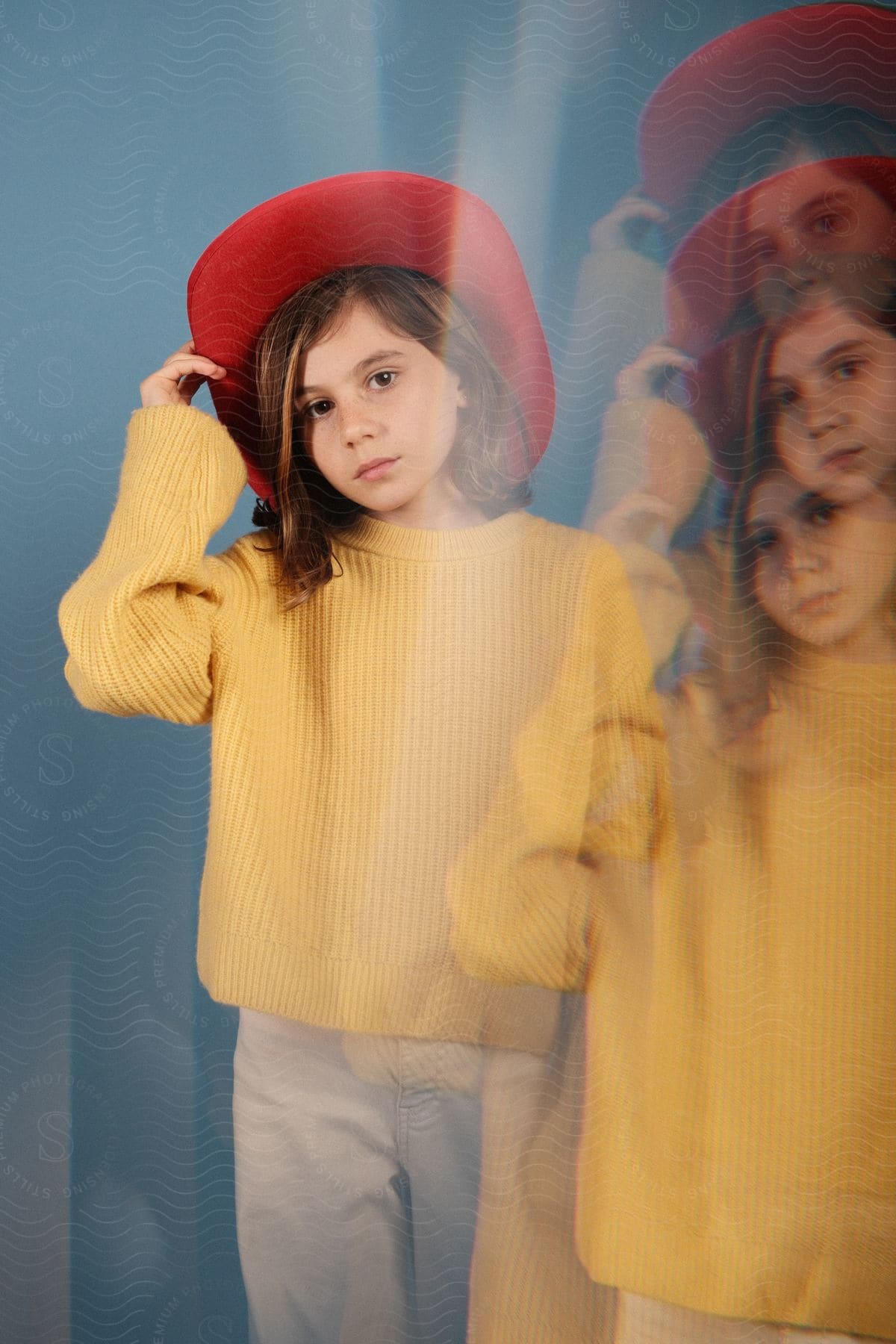 Model girl with a red hat and a yellow wool sweater.