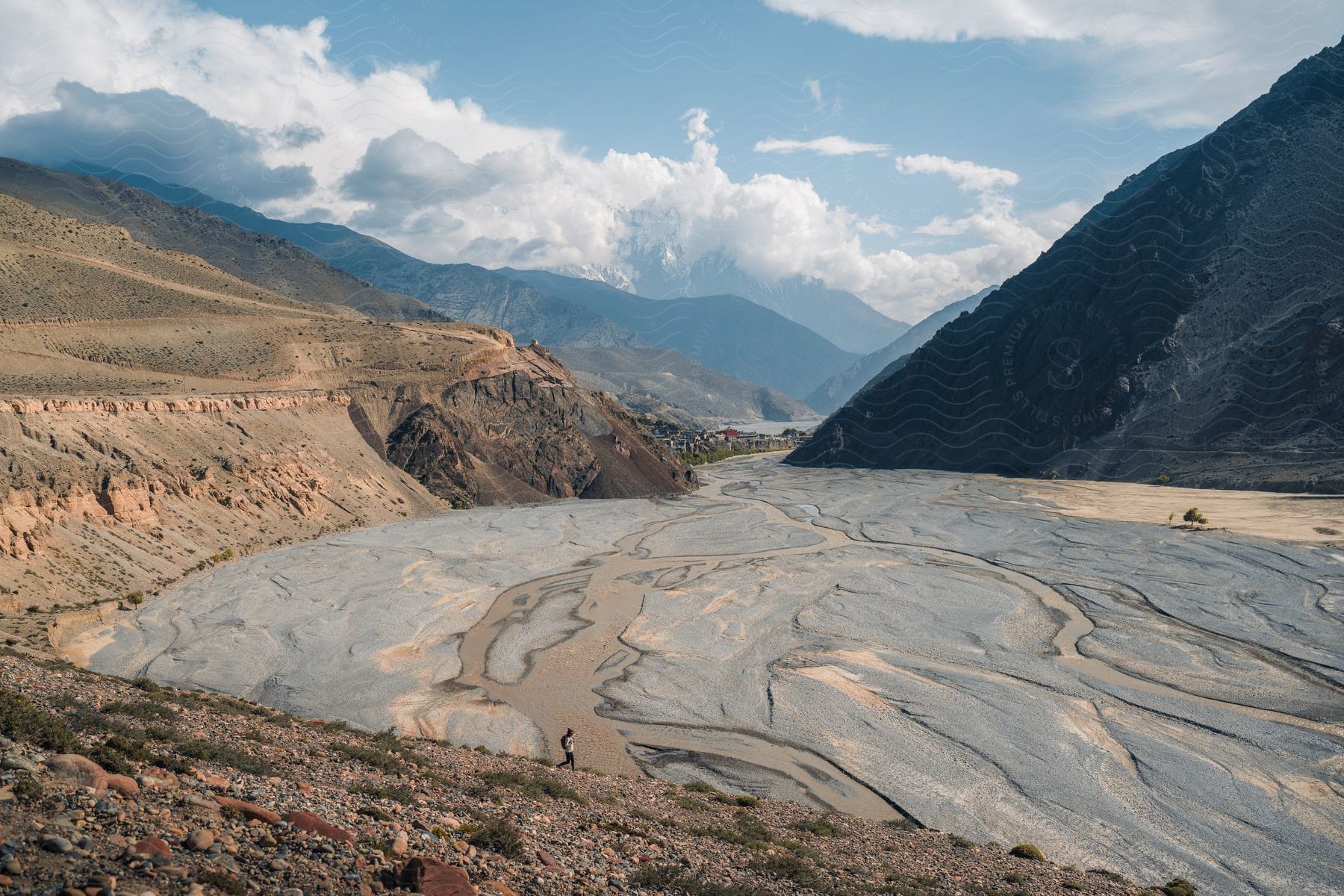 Panorama of a mountain range in a hazy atmosphere in Nepal.