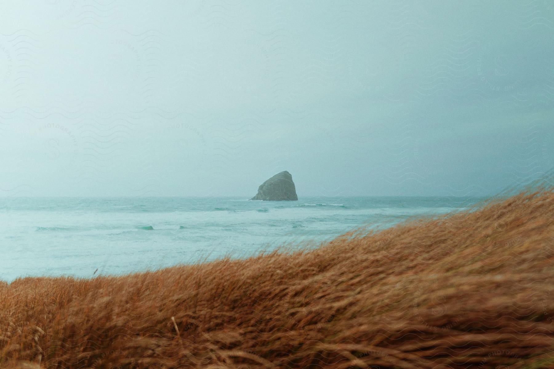 A rock monolith in the ocean near the beach on a windy day.