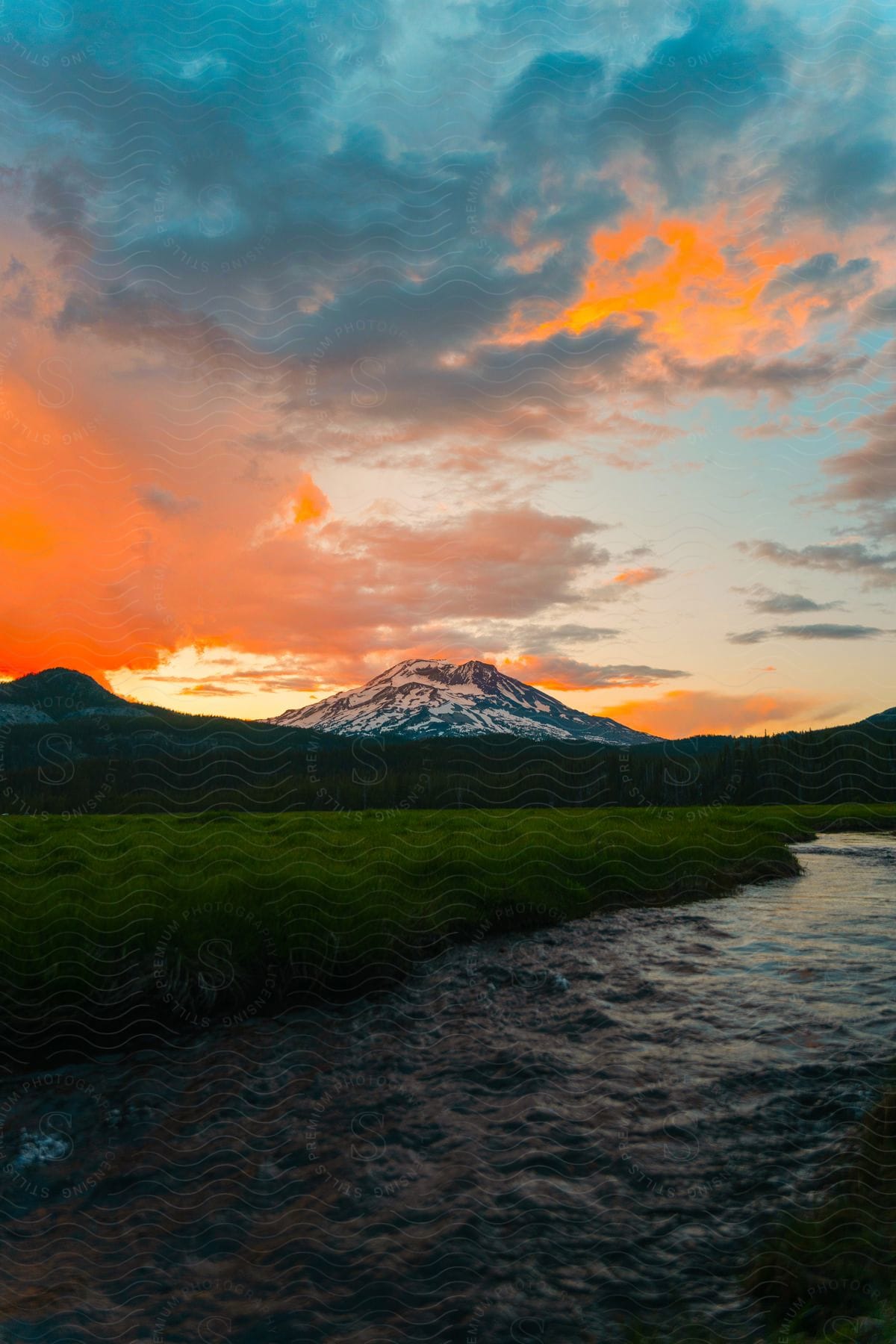 A mountain stream flowing by a green meadow, with a snow covered mountain peak on the horizon at sunrise.