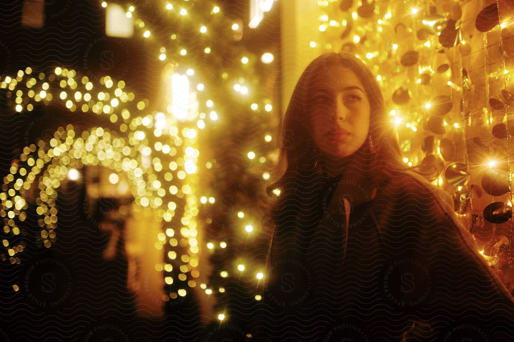 A woman walking at night on a street decorated with christmas lights.