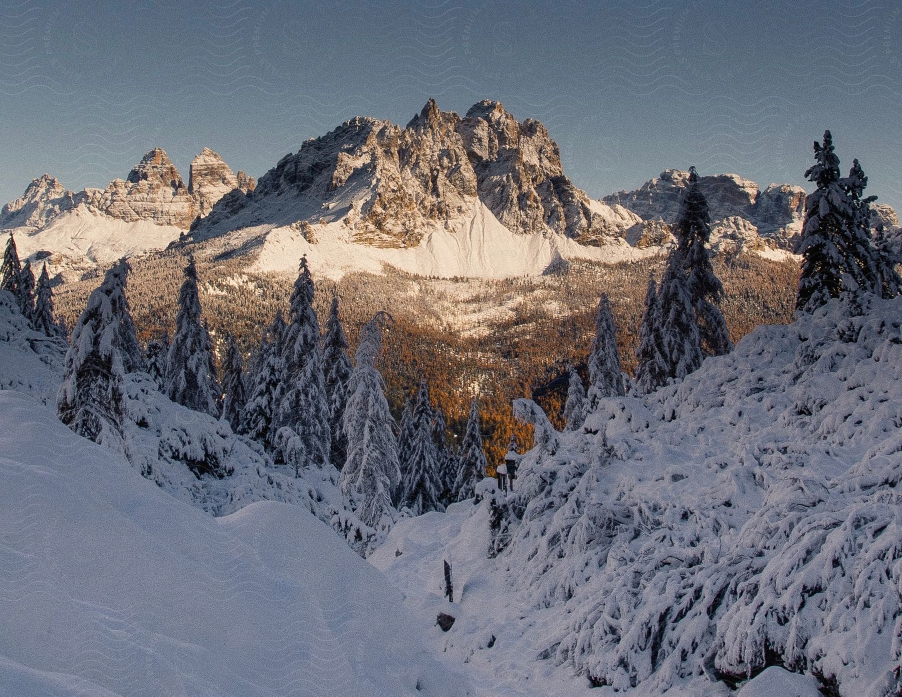 Mountains and forests are covered in snow during winter.