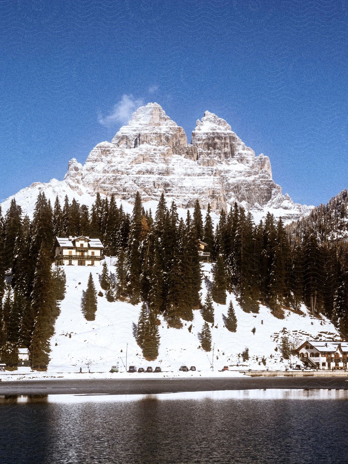 A huge snow mountain with some pine trees and a house