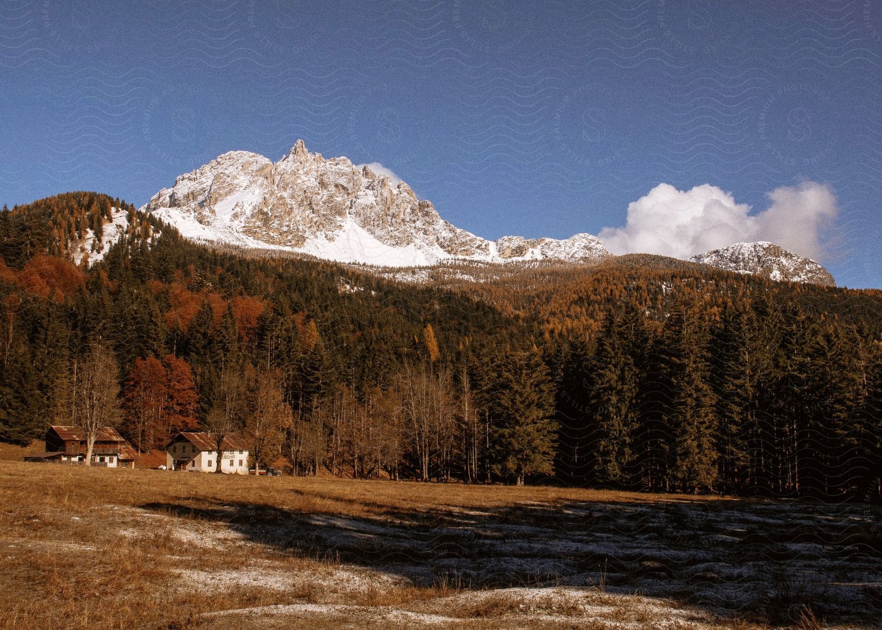 A rustic farmhouse nestles in a valley framed by vibrant fall foliage and snow-capped peaks.