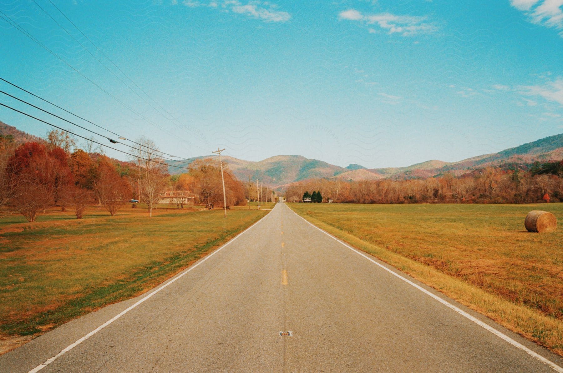 an empty road in a rural area with grassland on both side of the road