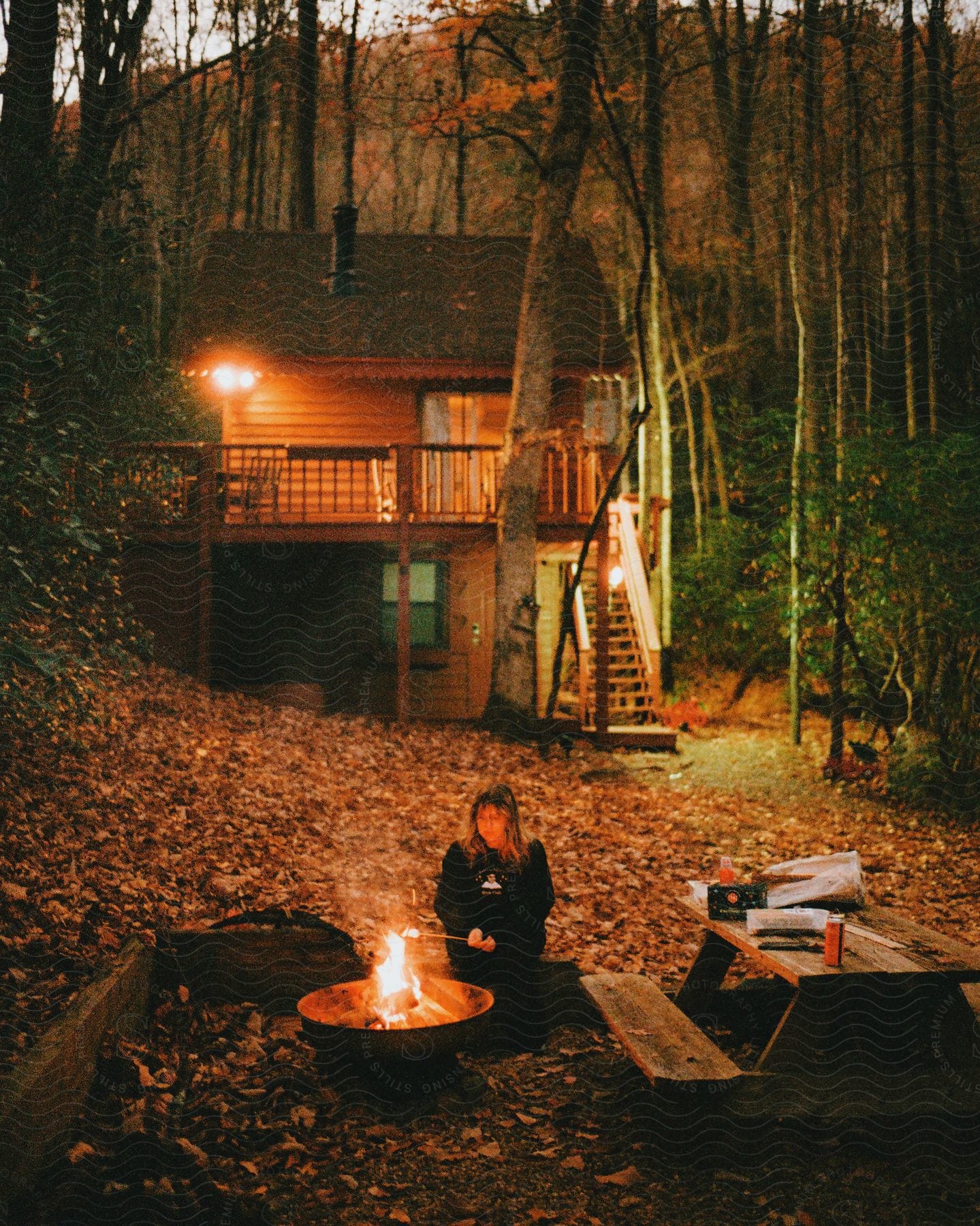 A woman sits by a fire in a fire pit in front of a wooden house in the woods roasting a marshmallow on a skewer