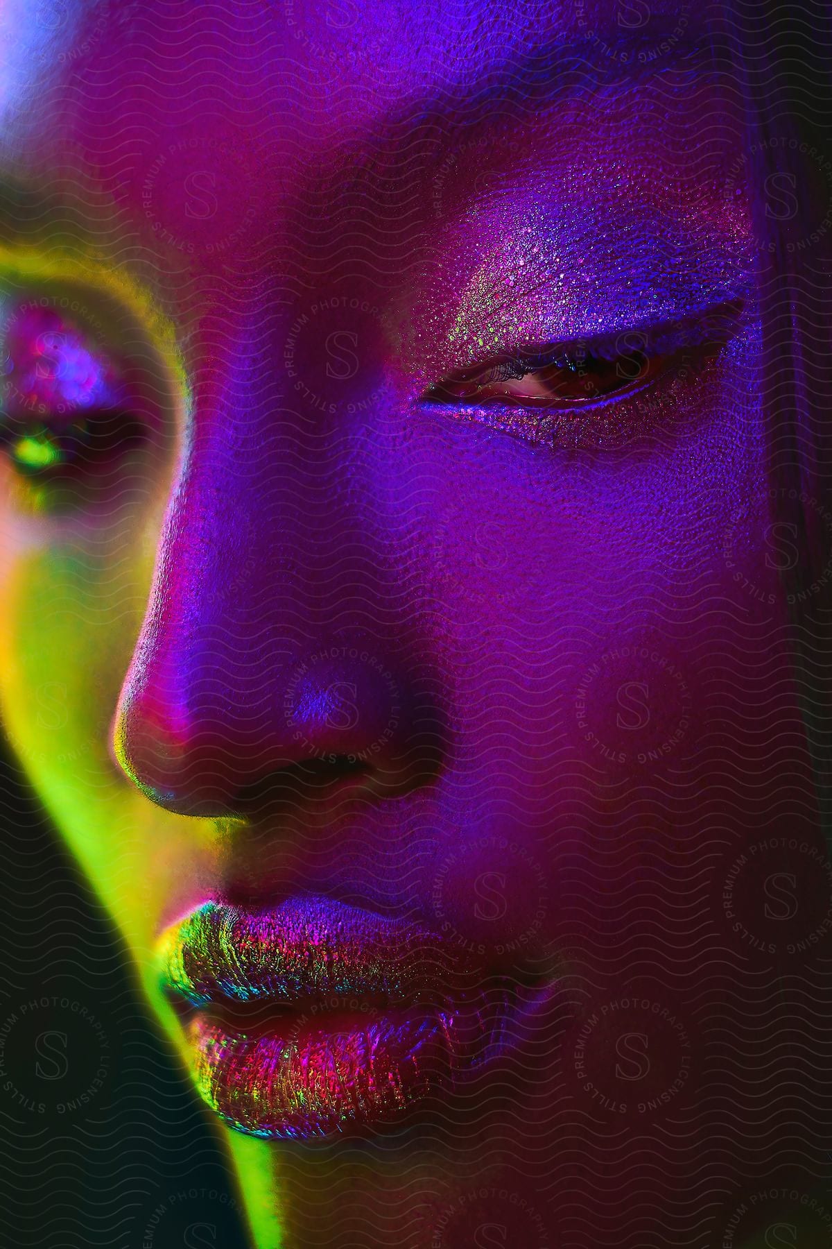 A woman poses with decorative makeup on her face under colored lights