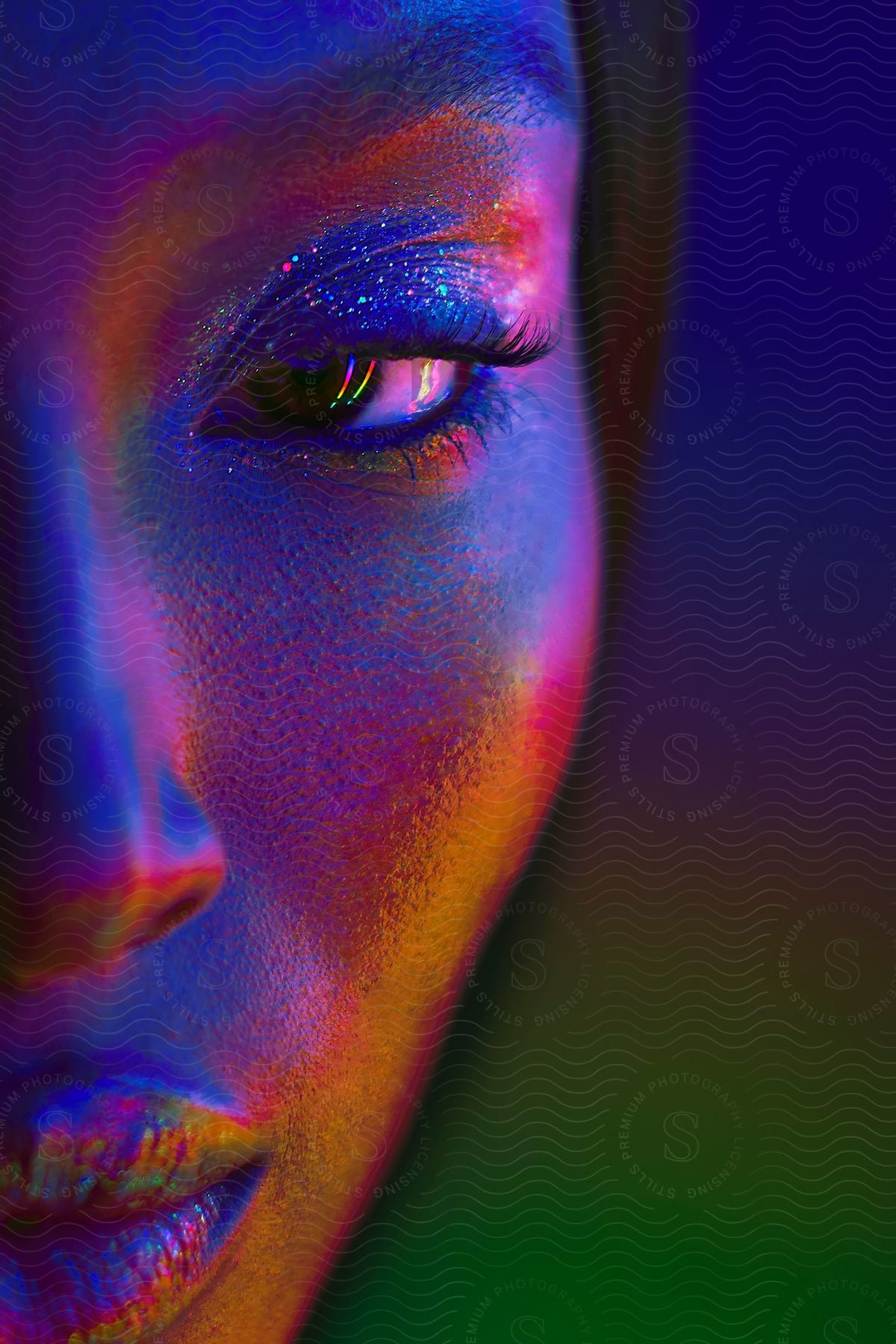 Stock photo of close up of woman wearing elaborate and colorful makeup.