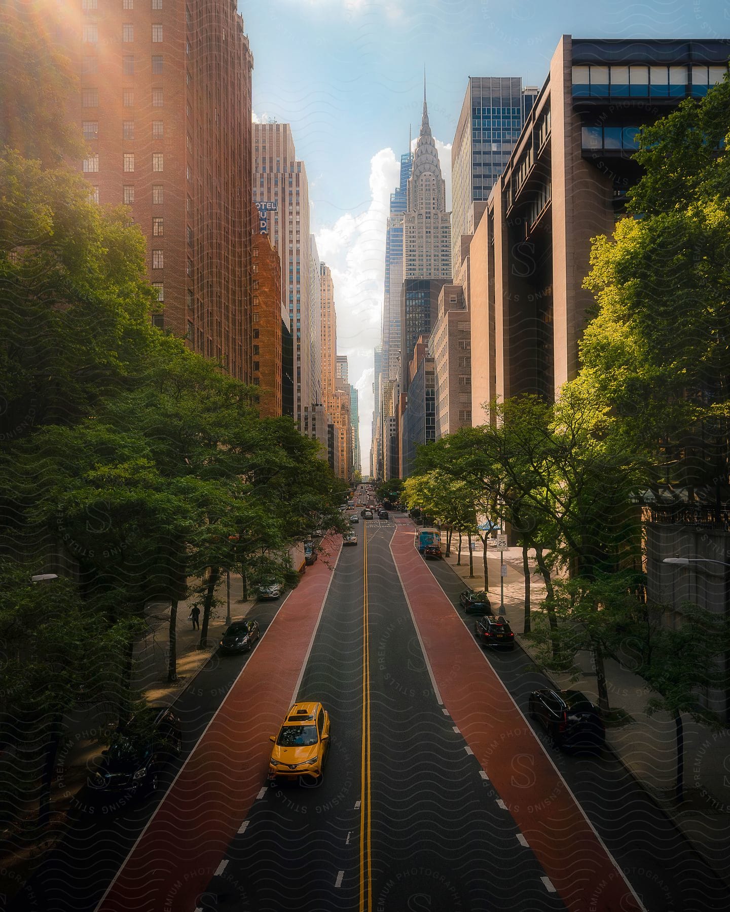 New York City with trees on the side of the road with high rise buildings, skyscrapers and cars