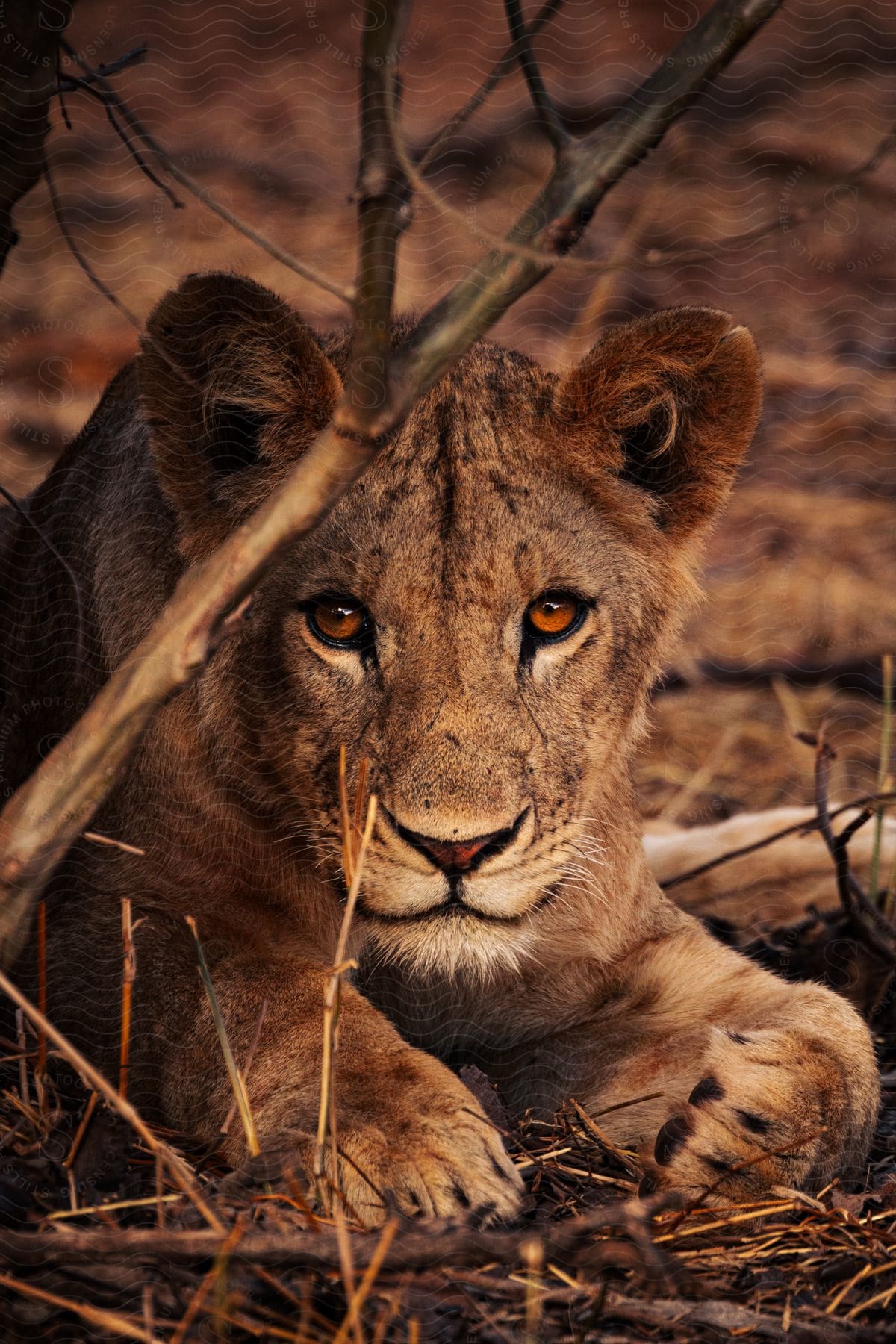 A lioness is relaxing on the ground looking ahead