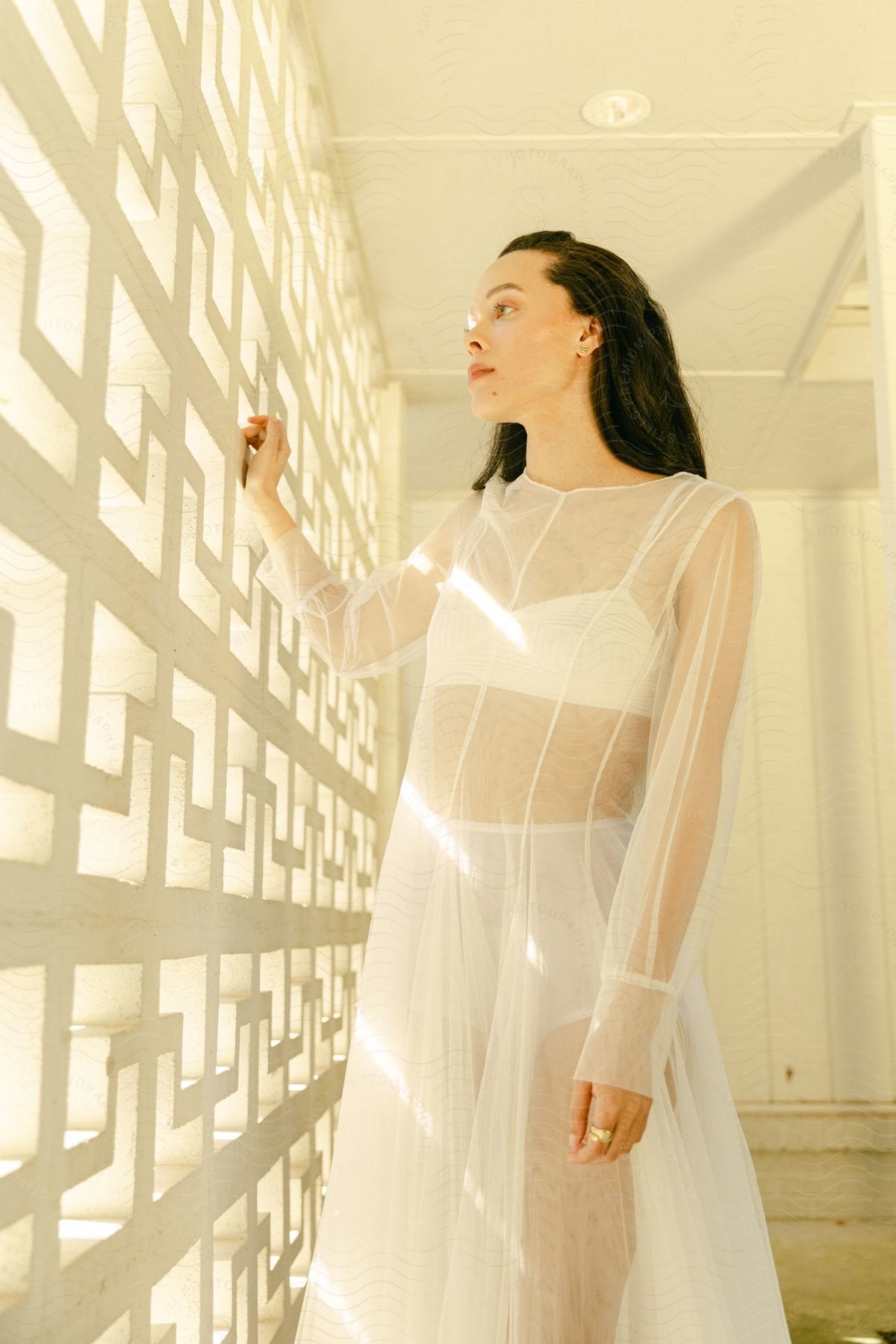 A woman wearing a sheer white gown stands near a wall as she looks out
