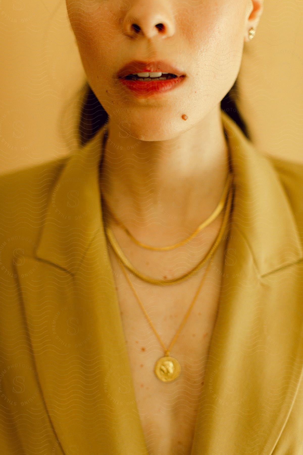 A woman modeling a necklace and jacket.