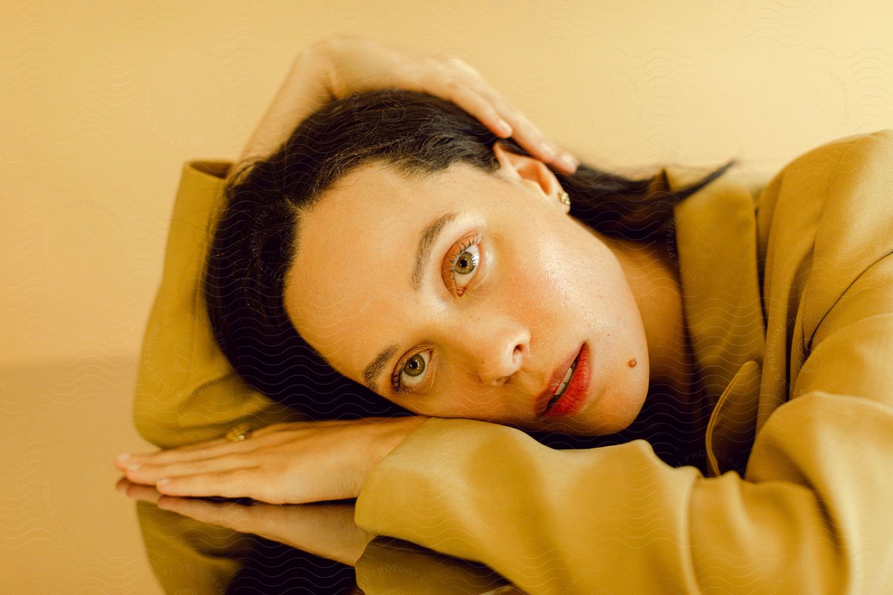 A woman laid down on a reflective surface, her cheek resting on the back of one hand, while the other hand is over her head.