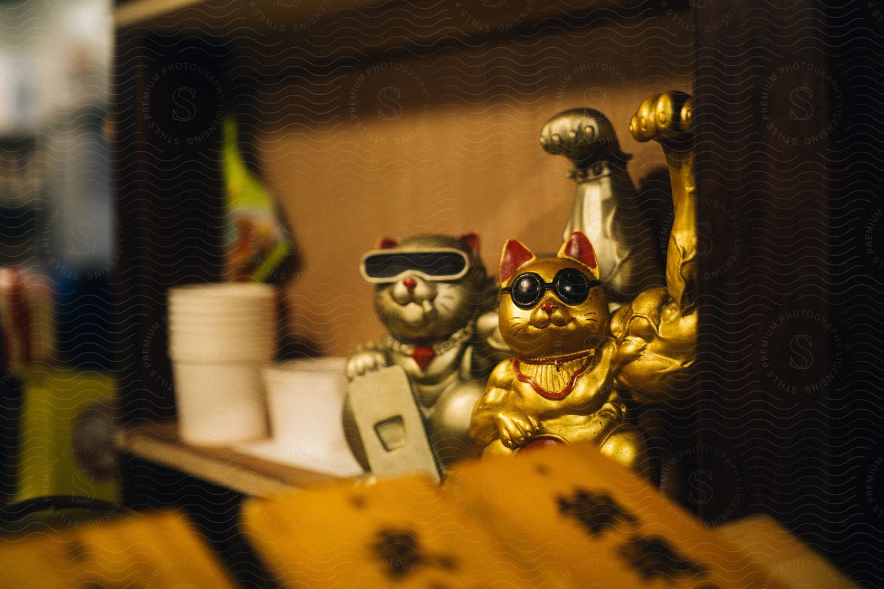 Two golden objects shaped like cats with muscular arms on a shelf