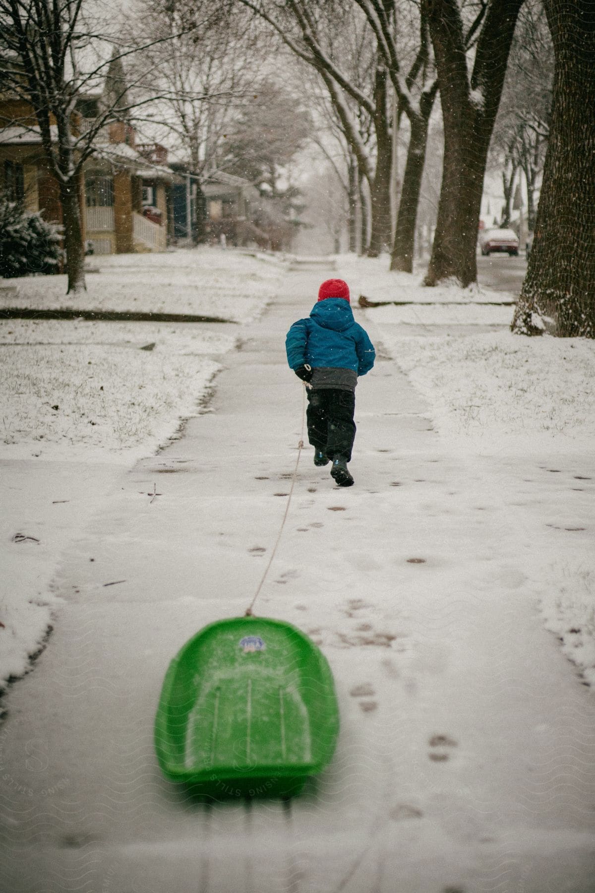 A child runs on a neighborhood sidewalk pulling a sled in the snow